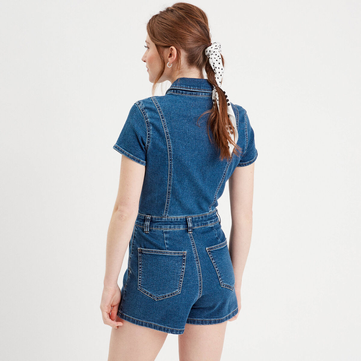 Combishort zippée en jean denim double stone femme