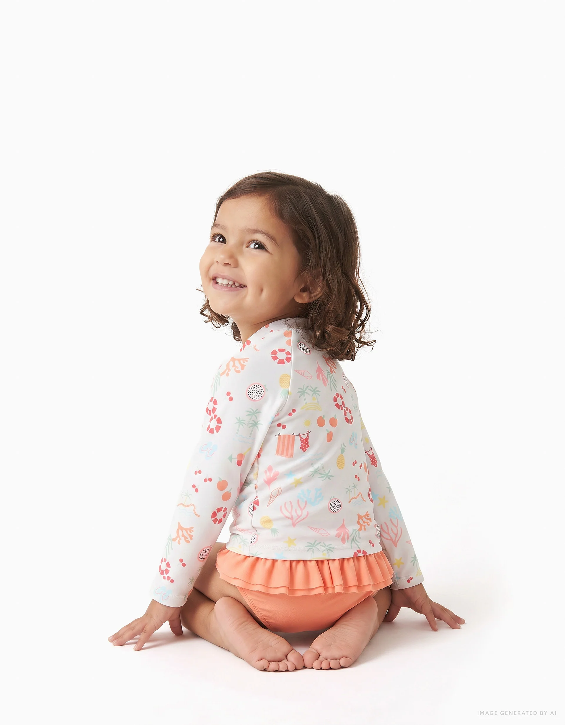 Swim set with UV 40+ protection and motif for babies and girls, white/orange