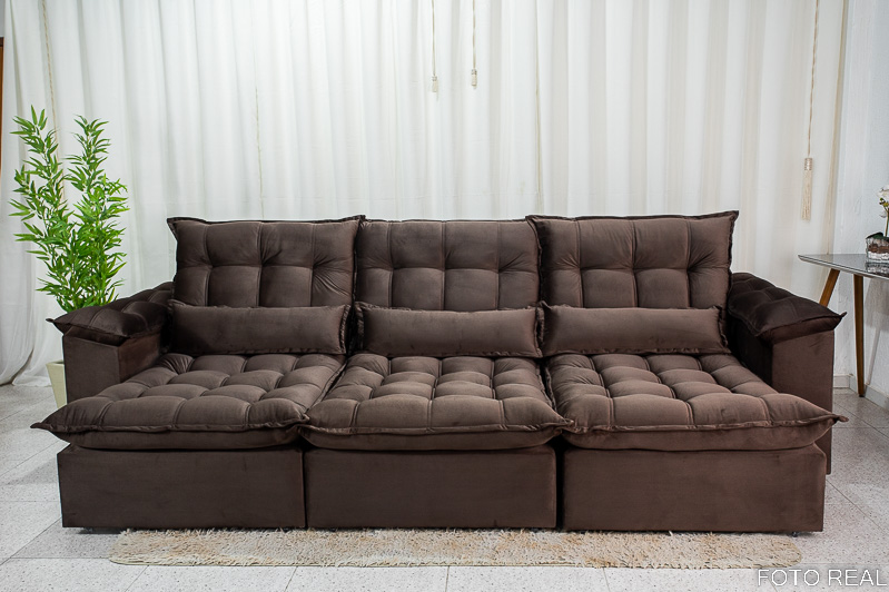 Sofá Retrátil e Reclinável Ipanema 2,10m em Tecido Veludo C/ 03 Módulos - Montagem Inclusa:marrom