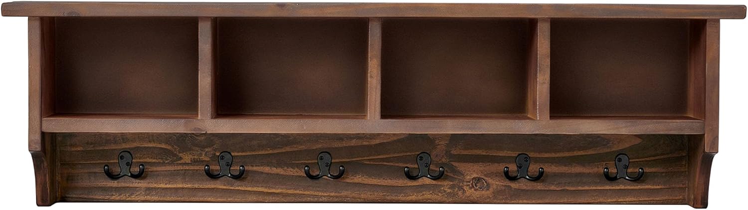 Pomona 48-Inch Wall-Mounted Coat Rack – Solid Wood & Metal Modern Entryway Organizer with 6 Heavy-Duty Hooks and 4 Open Cubbies for Mudroom, Hallway, Apartment, or Office Storage by Alaterre Furniture