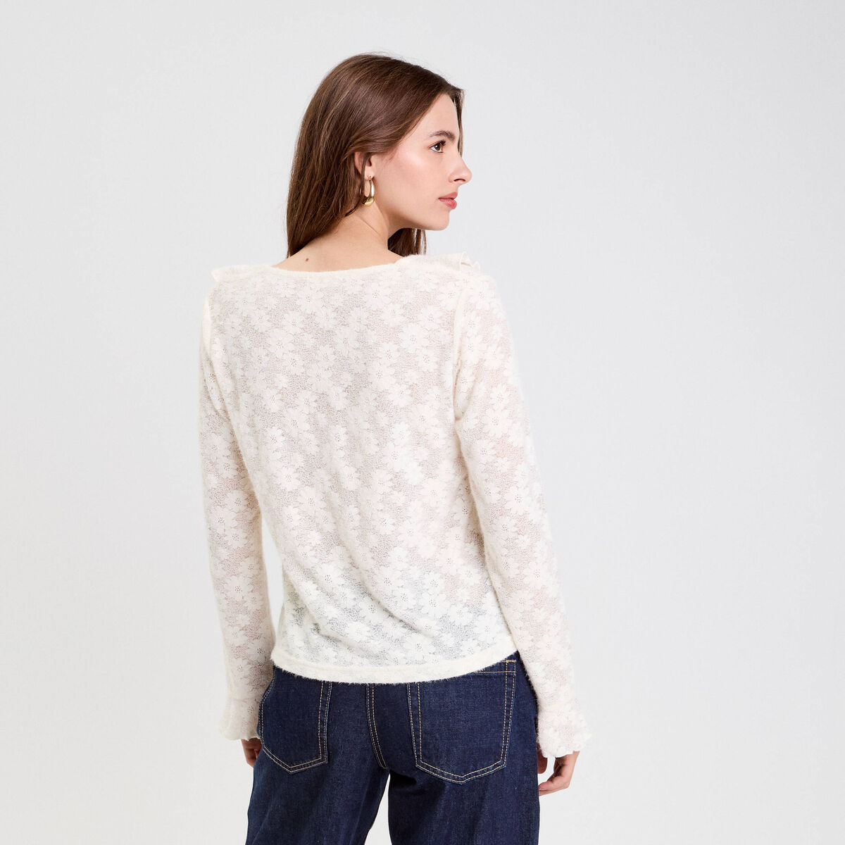 Blouse ajourée manches longues ivoire femme