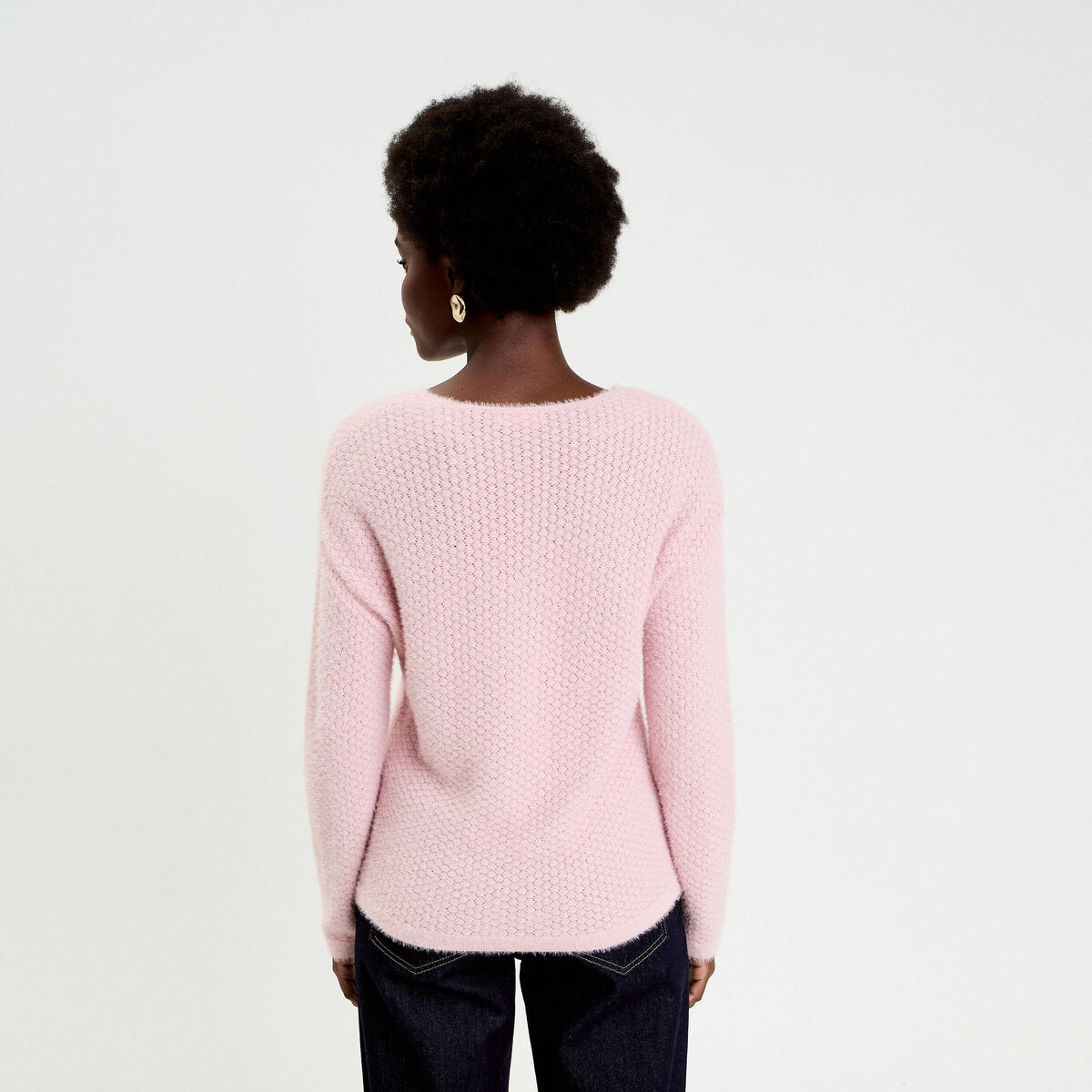 Pull col v manches longues rose pastel femme