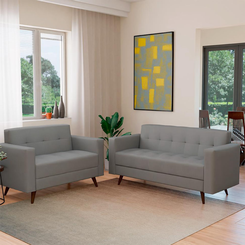 Conjunto de Sofá 2 e 3 Lugares Vitrola Suede Cinza