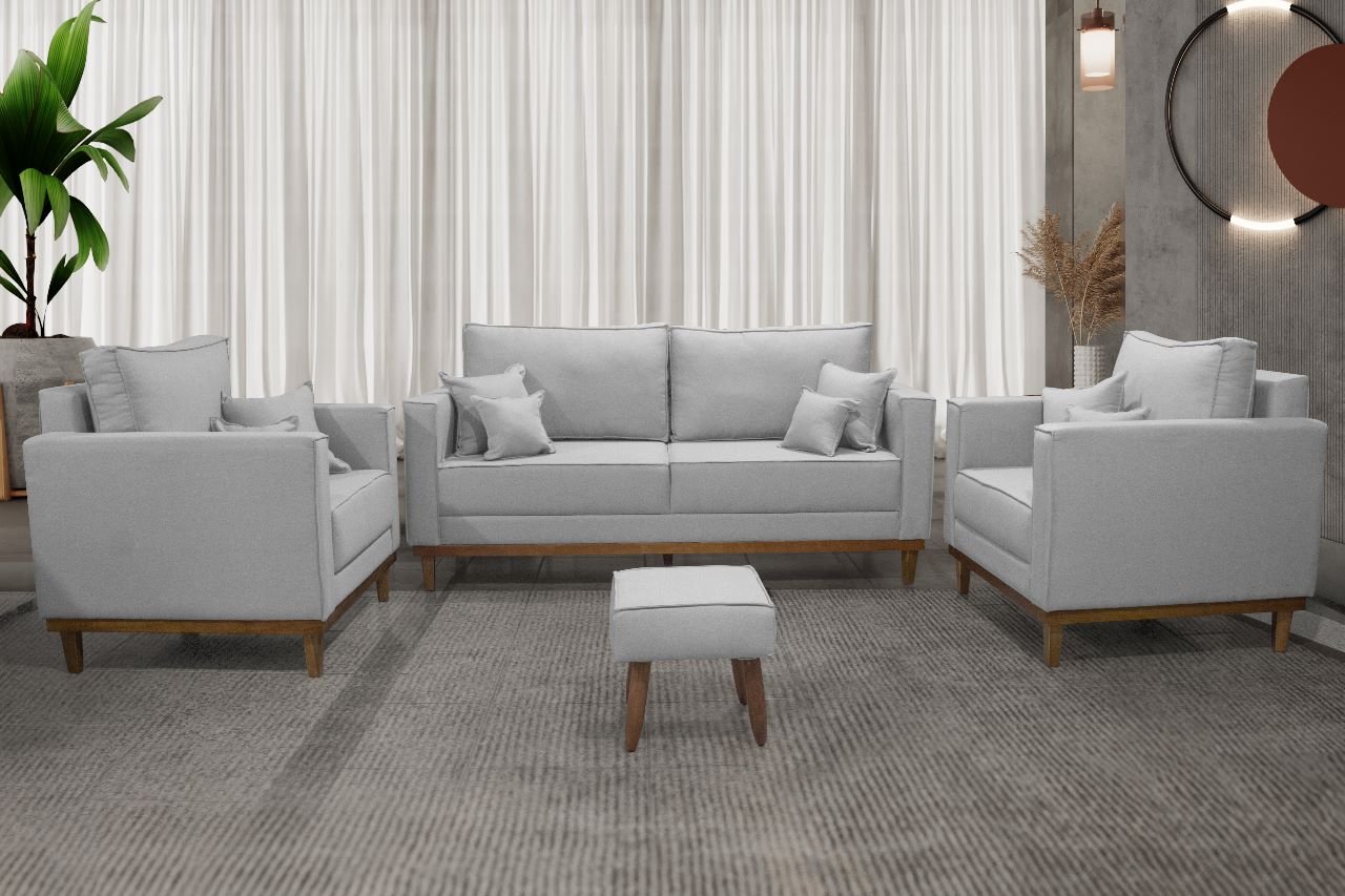 Kit Sofá 3 Lugares e 2 Poltronas Beny com Base em Madeira Linho Cinza Ideal Móveis