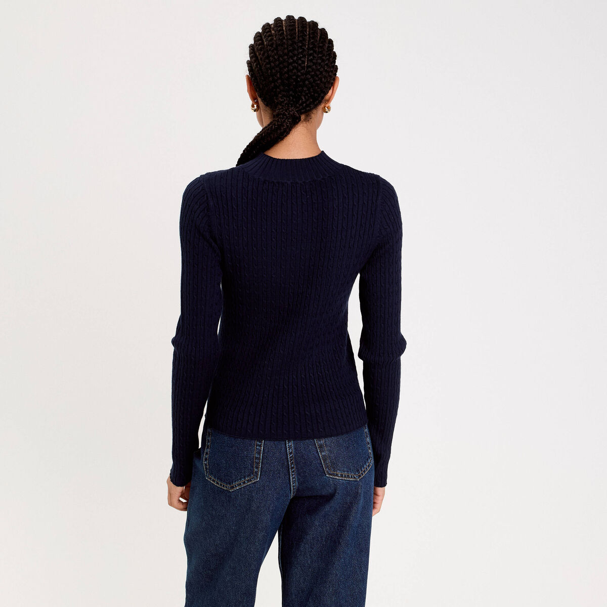 Pull col montant torsades bleu marine femme