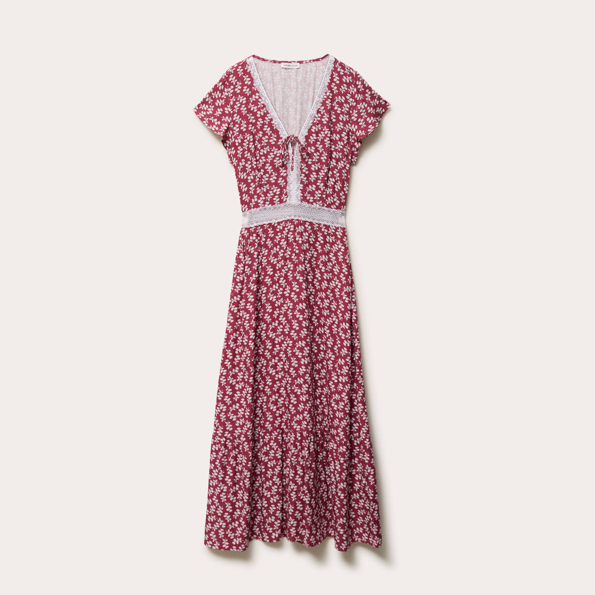 Robe longue évasée en dentelle col v terracotta femme