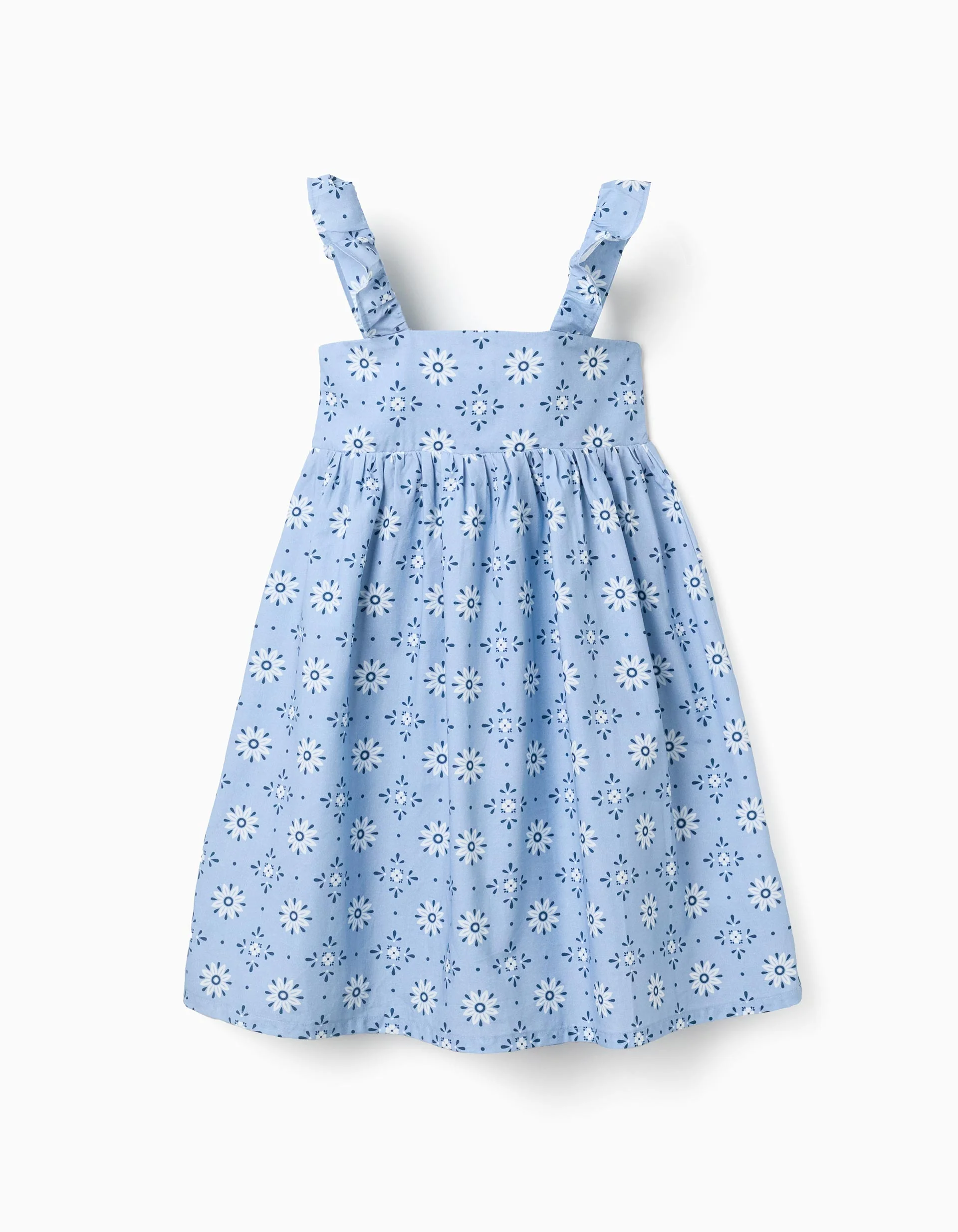 Sleeveless poplin dress with floral pattern for girls, light blue