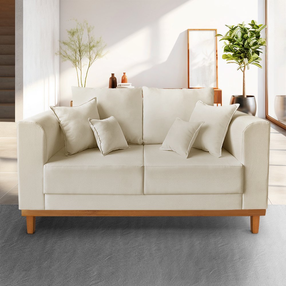 Sofá Viena 02 Lugares com Base de Madeira Suede Bege - Madeira Prima Deccor
