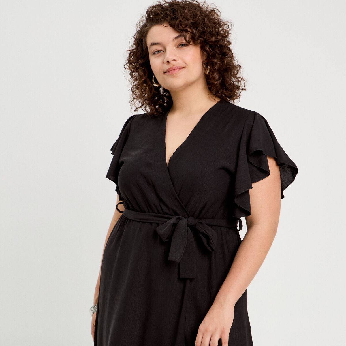 Robe longue évasée cache-coeur noir femme