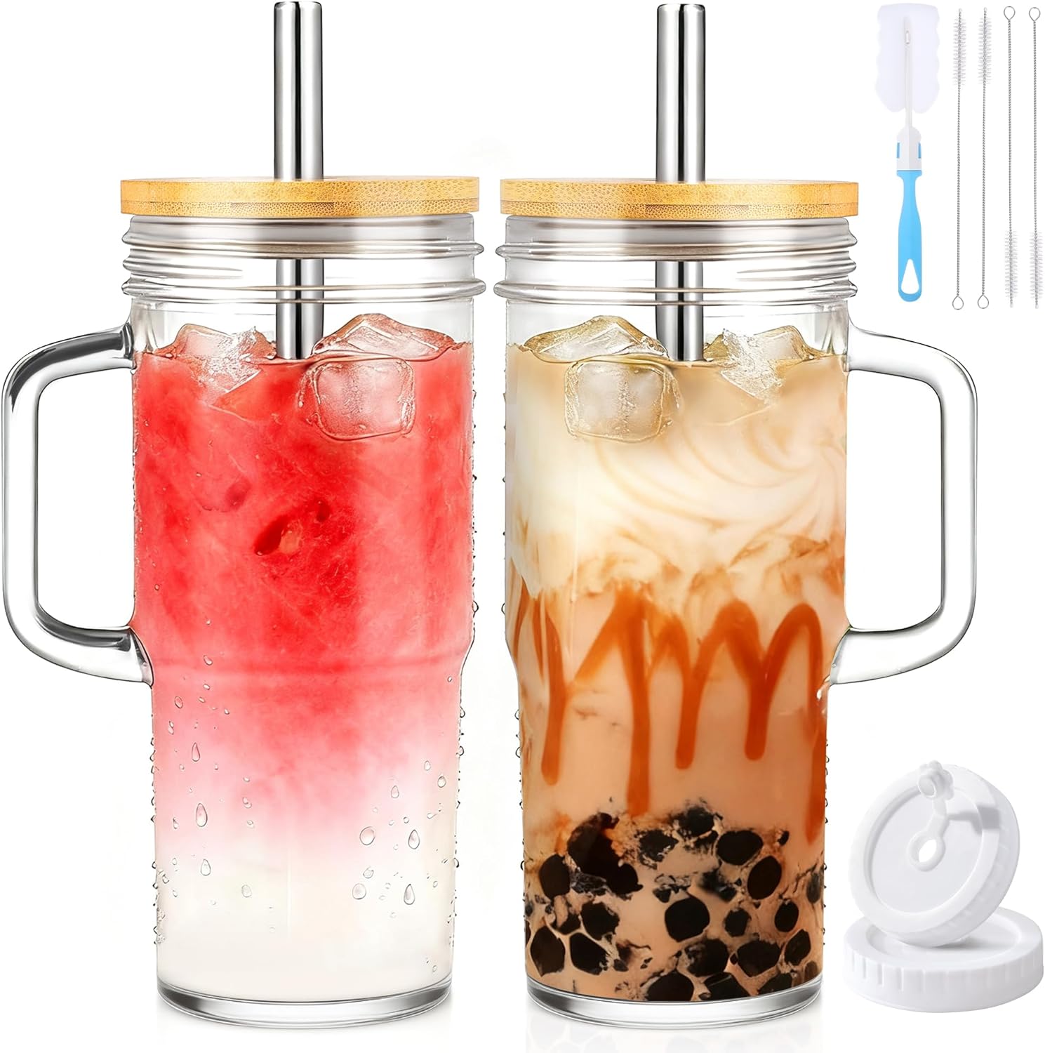 24oz Glass Cups with Lids and Straws Glass Tumbler with Handle 2 setReusable Glass Ice Coffee Cups with Lid and Straw for Smoothies Tea Juice Boba Cup for Cold & Hot Drinks Travel Cup