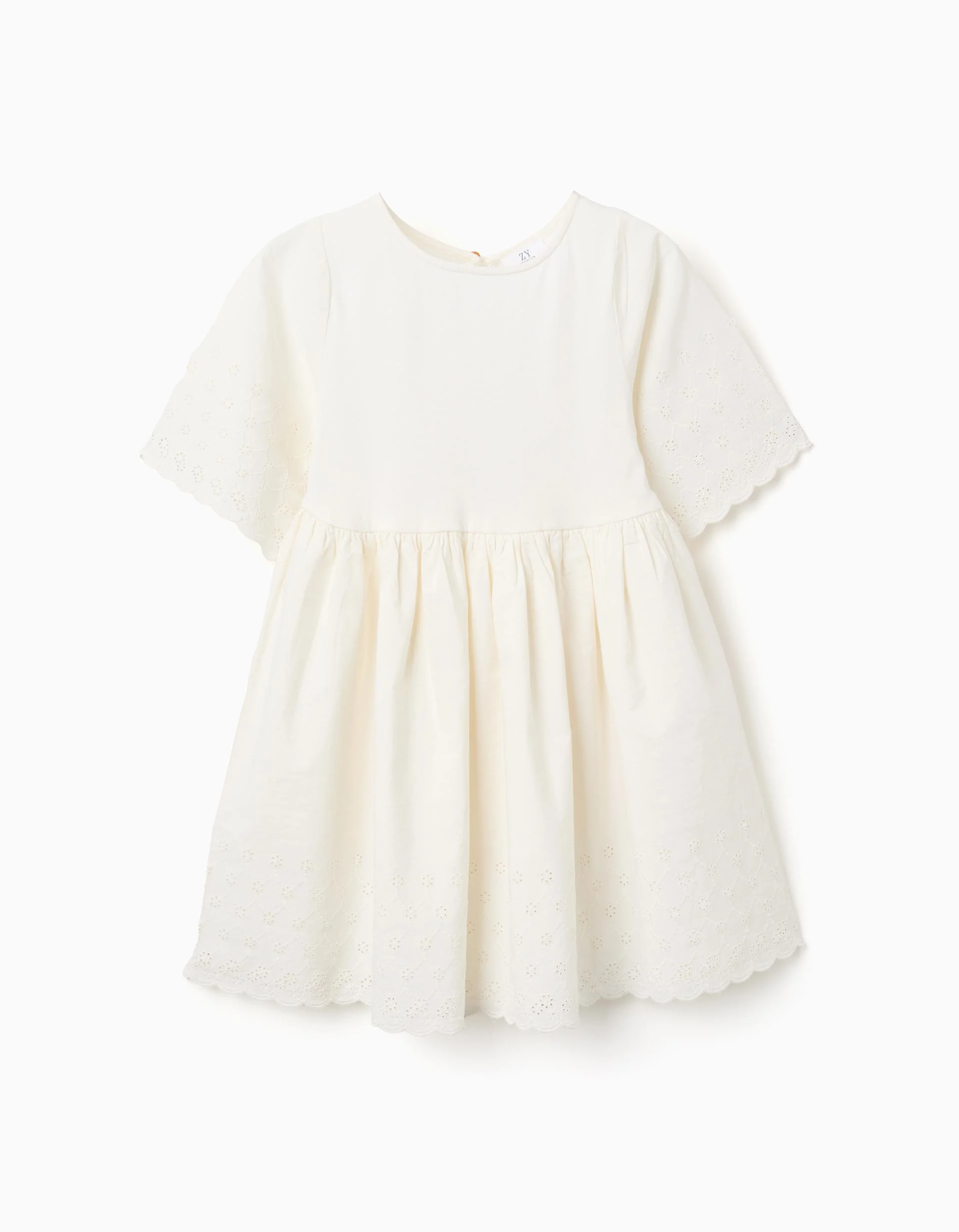 Short sleeve cotton dress with broderie anglaise for girls, light beige