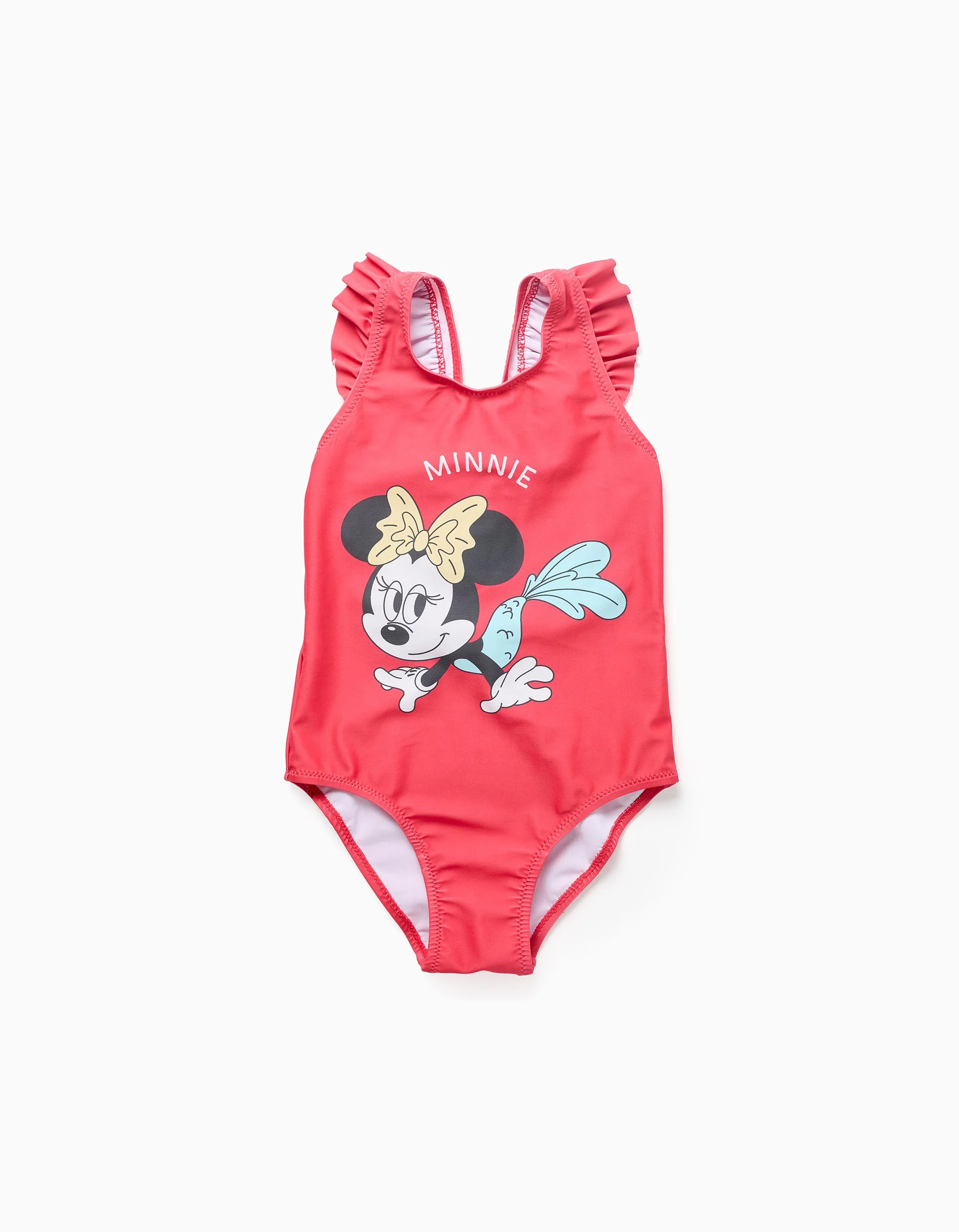 Swimsuit with Minnie print and ruffled straps for girls, coral