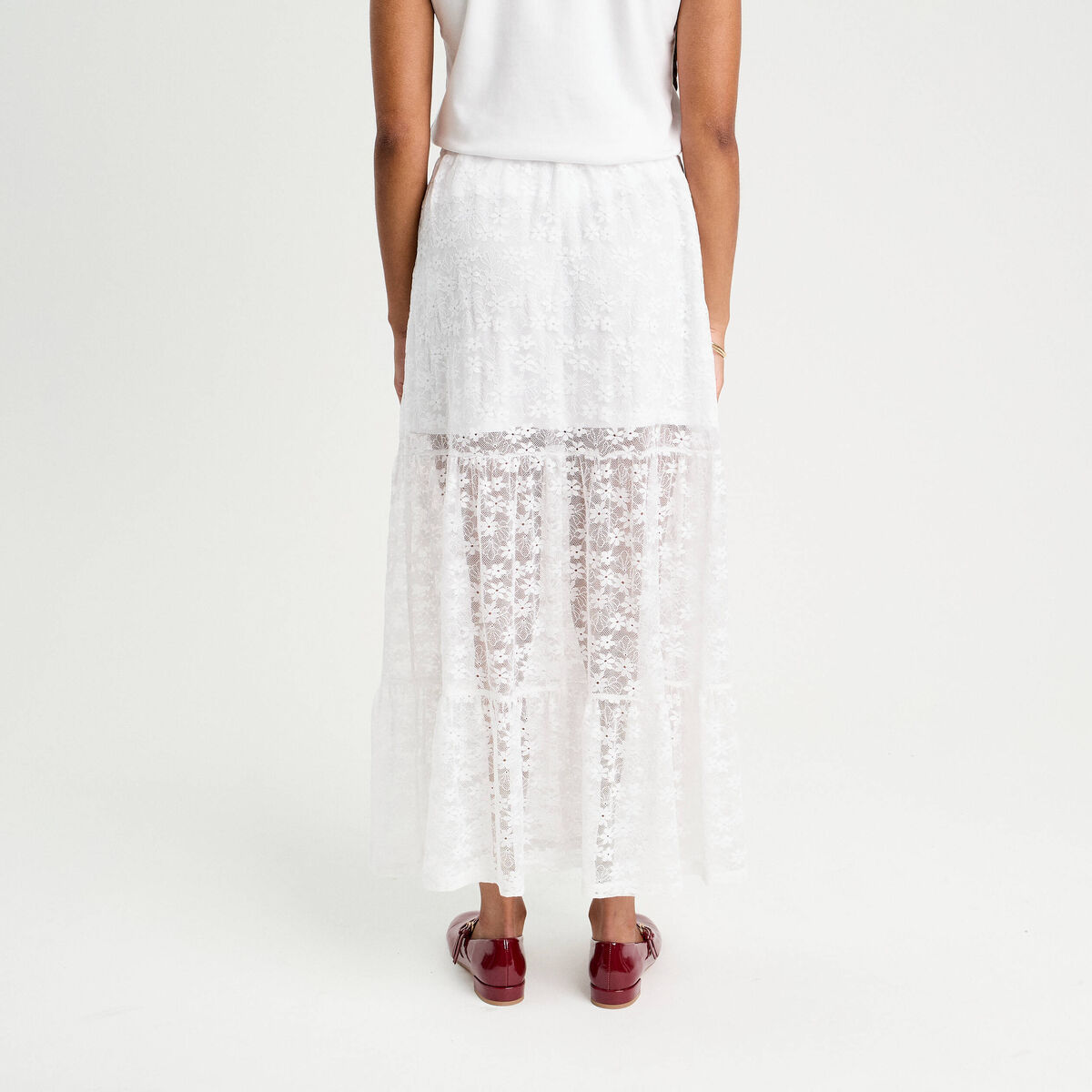 Jupe longue évasée dentelle blanc femme