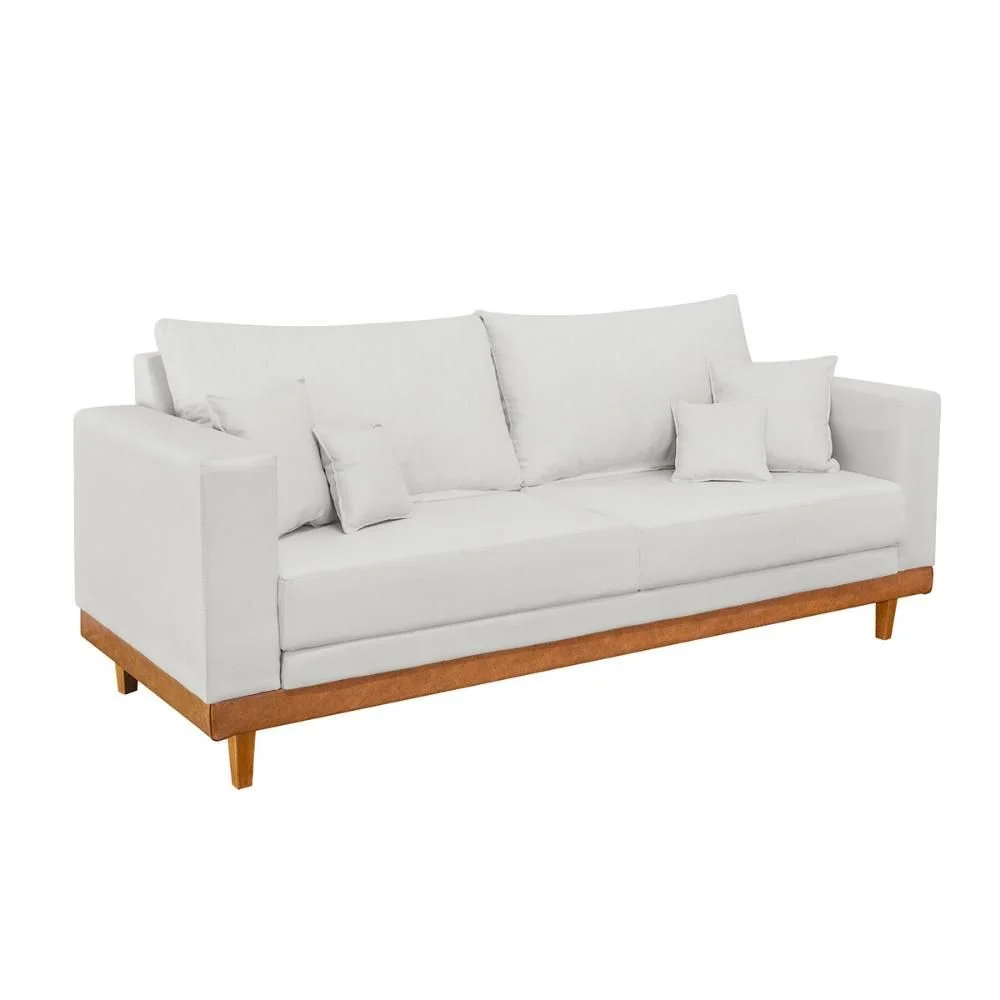 Kit Poltrona Living + Sofá 3 Lugares com Base Madeira Linho Cor:bege