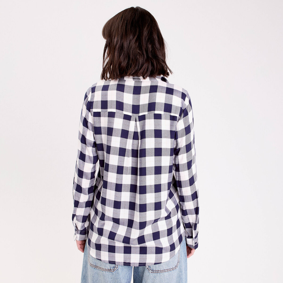 Chemise à carreaux fils métallisés bleu femme