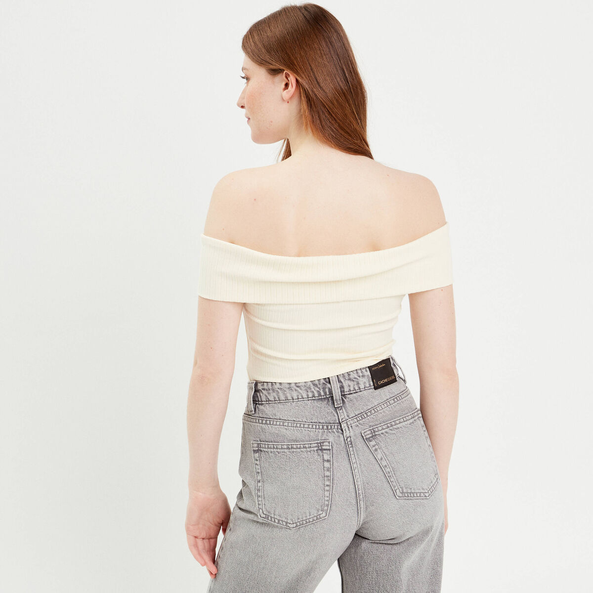 T-shirt manches courtes côtelé ecru femme