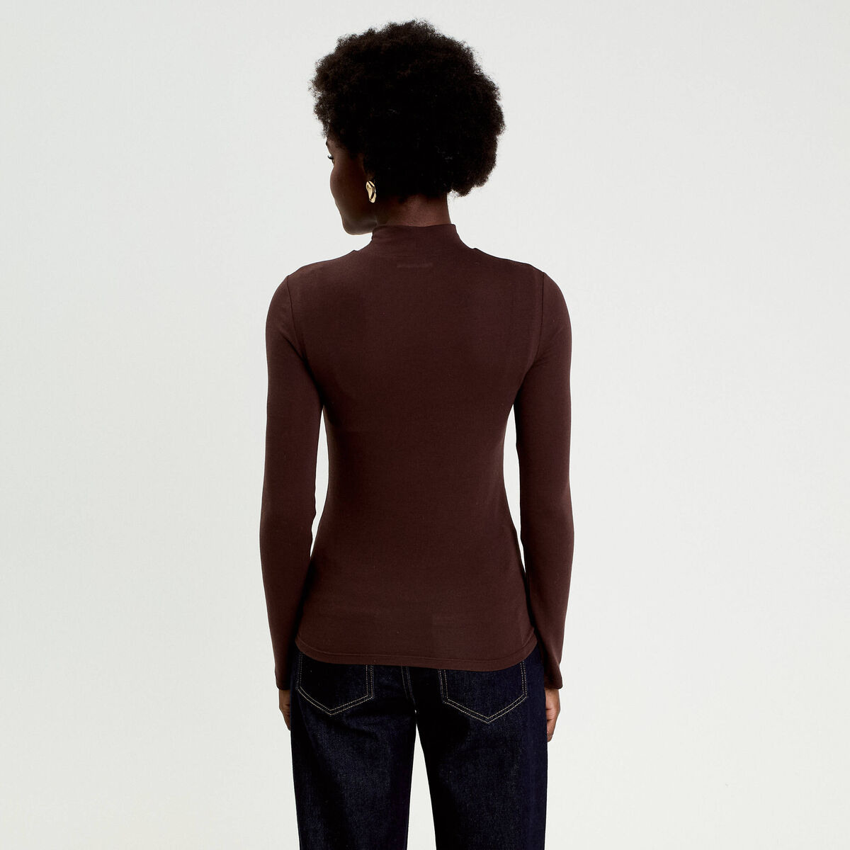 Top manches longues col montant marron foncé femme