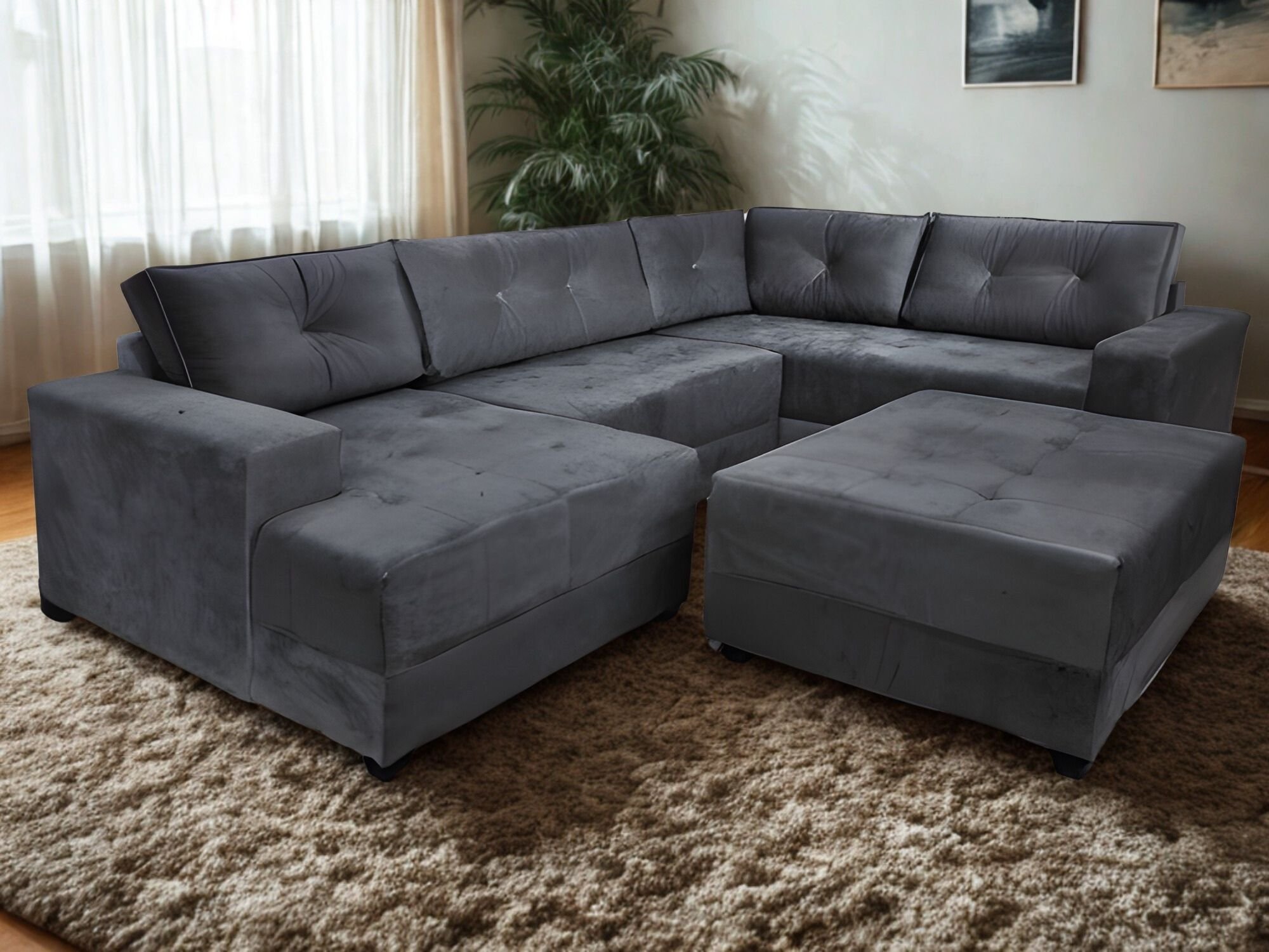 Sofa de Canto Toro e Puff Bom Descanso Veludinho Cinza