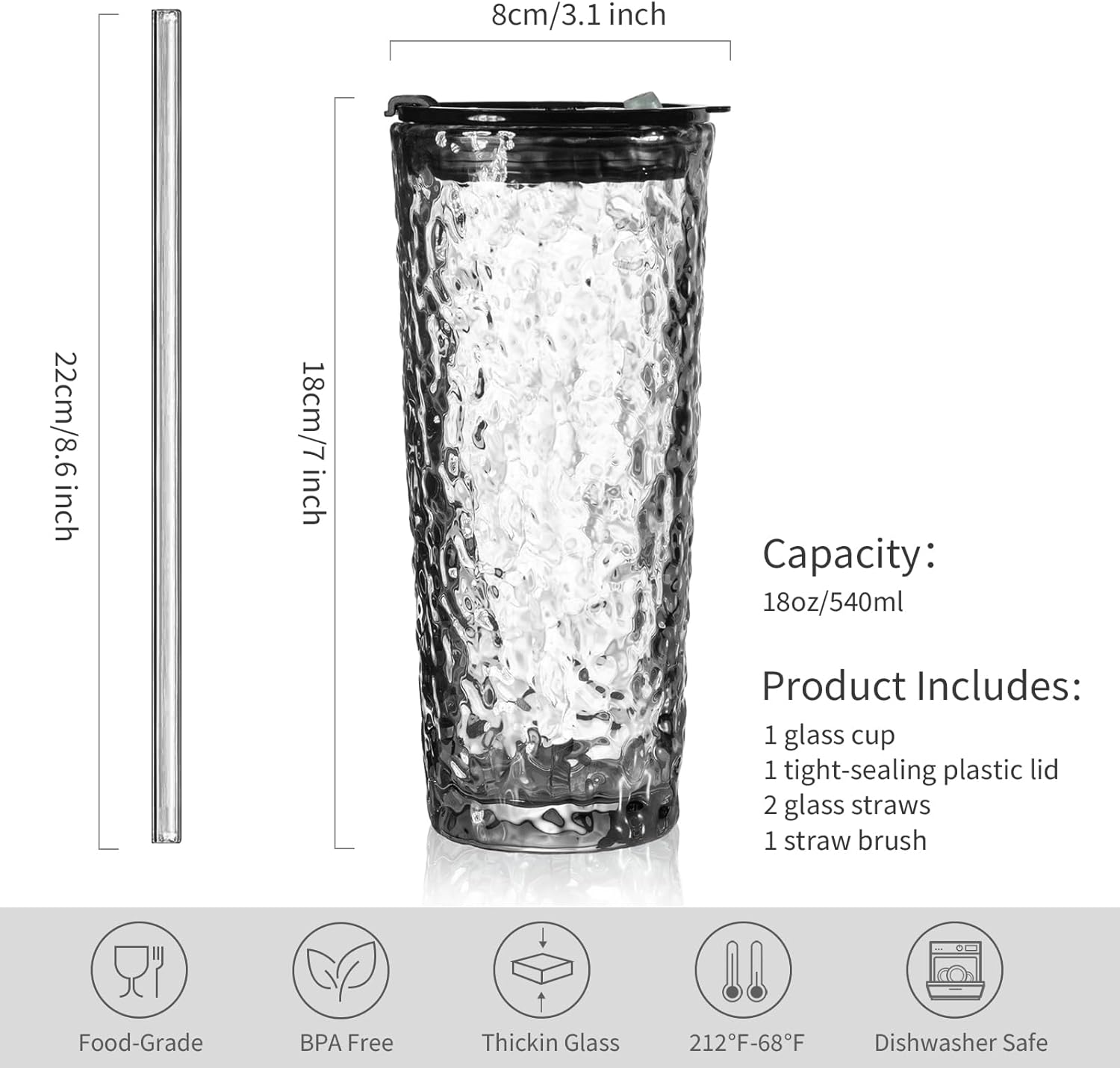 18oz Glass Cup with Lid and Straw  Vintage Glacier Pattern Thickened Glassware for Whiskey Cocktail Beer  Mason Jar Drinking Glasses Tumbler Iced Coffee Cup  Black