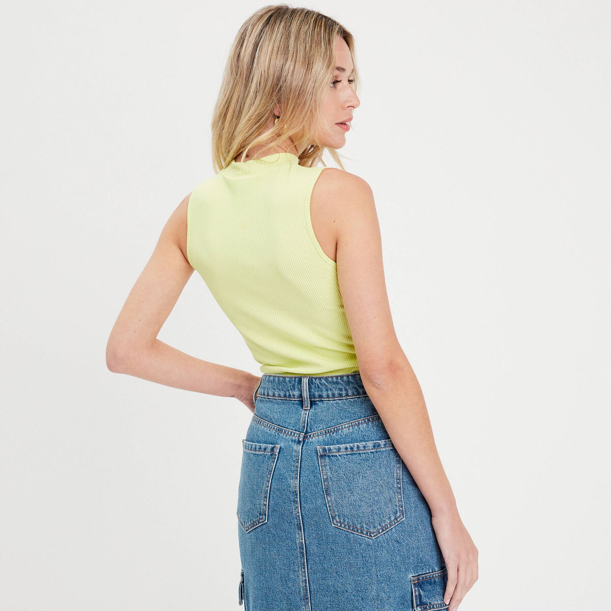 Débardeur court col montant jaune fluo femme