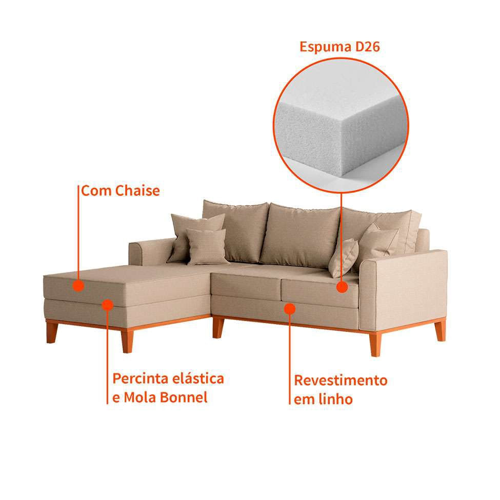 Sofá 3 Lugares Beny Com Chaise Esquerdo Linho Bege em Promoção | Ofertas na Americanas