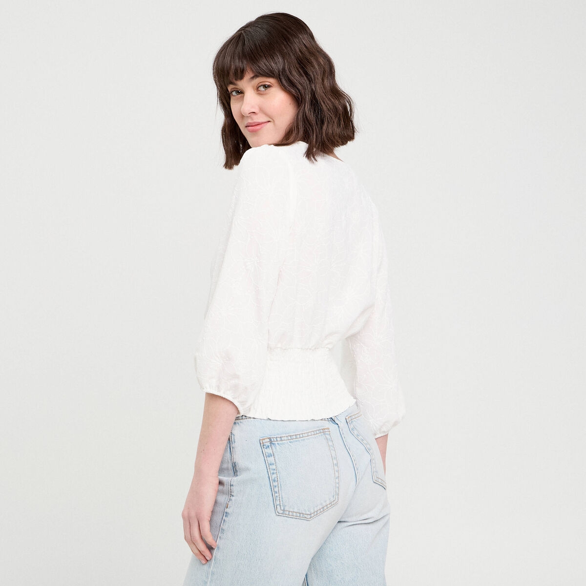Blouse manches 3/4 smockée ecru femme