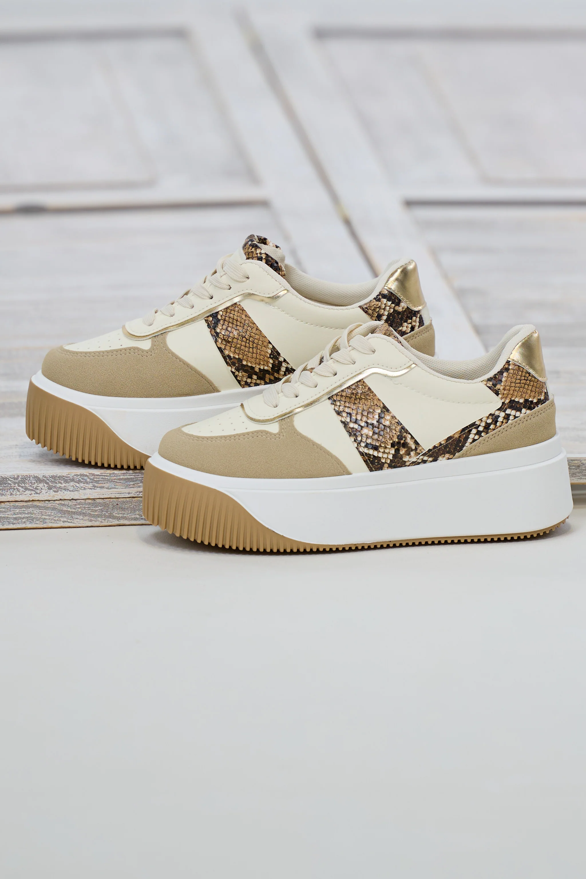 Sneaker mit Plateausohle, creme-taupe-snake