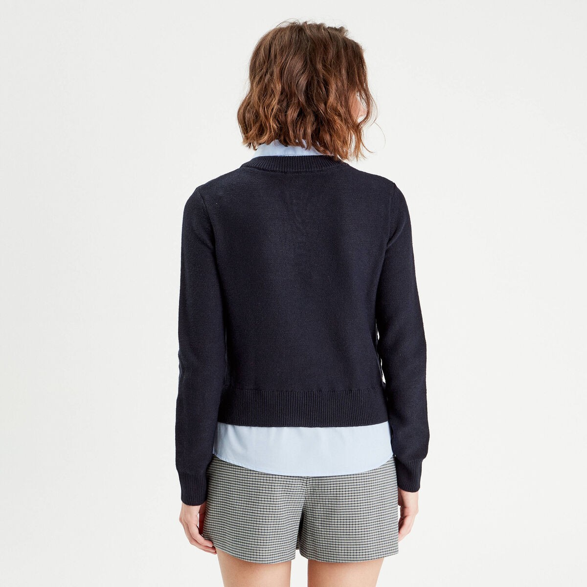 Pull 2-en-1 col chemise manches longues bleu marine femme