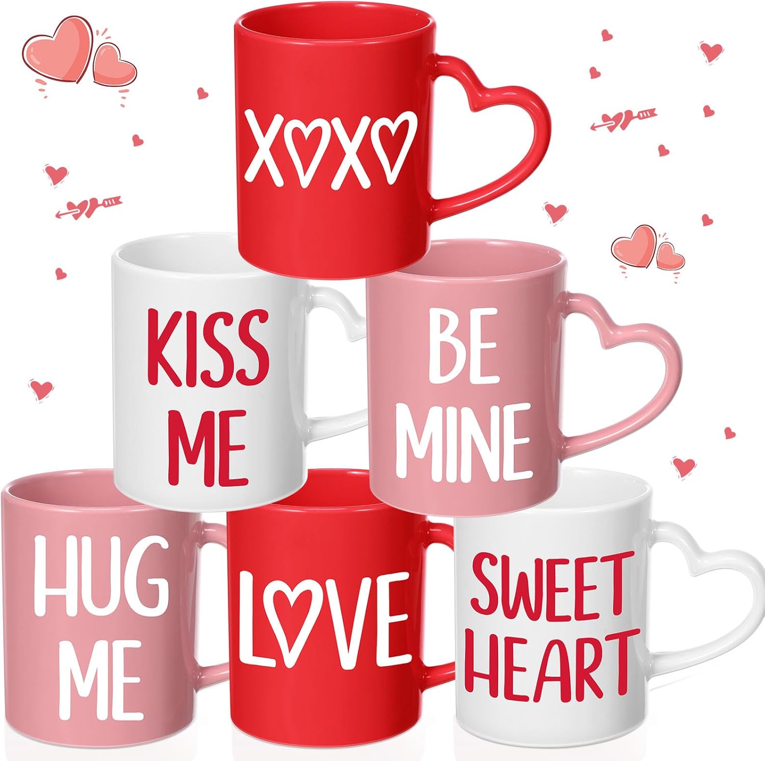 Valentines Coffee Mug Set of 6  10 oz Valentines Mugs with Handle Pink Red White Ceramic Enamel Cups for Gift Party Supplies