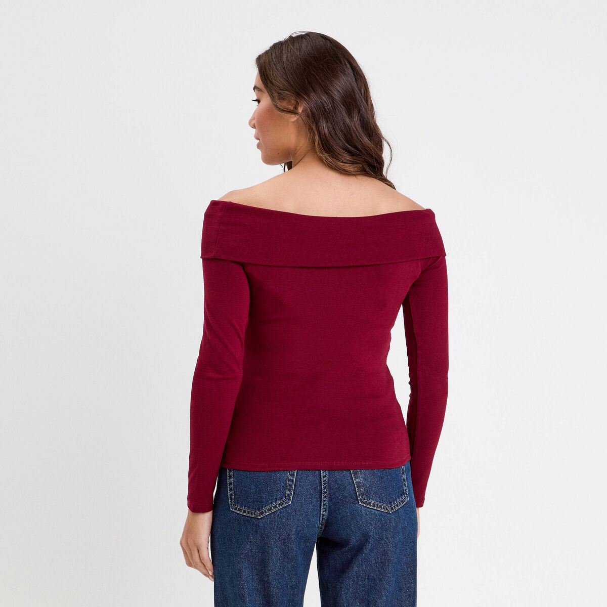 T-shirt côtelé manches longues rouge foncé femme