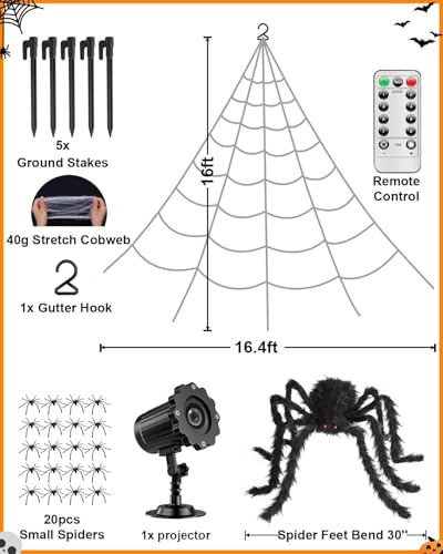 3D HD Dynamic Giant Spider Halloween Projector+Brighter Spider Webs Lights Set,250 Purple LED Light Up,8 Modes 16.4Ft Giant Spiderweb with Remote Control,with 48'' Giant Spider