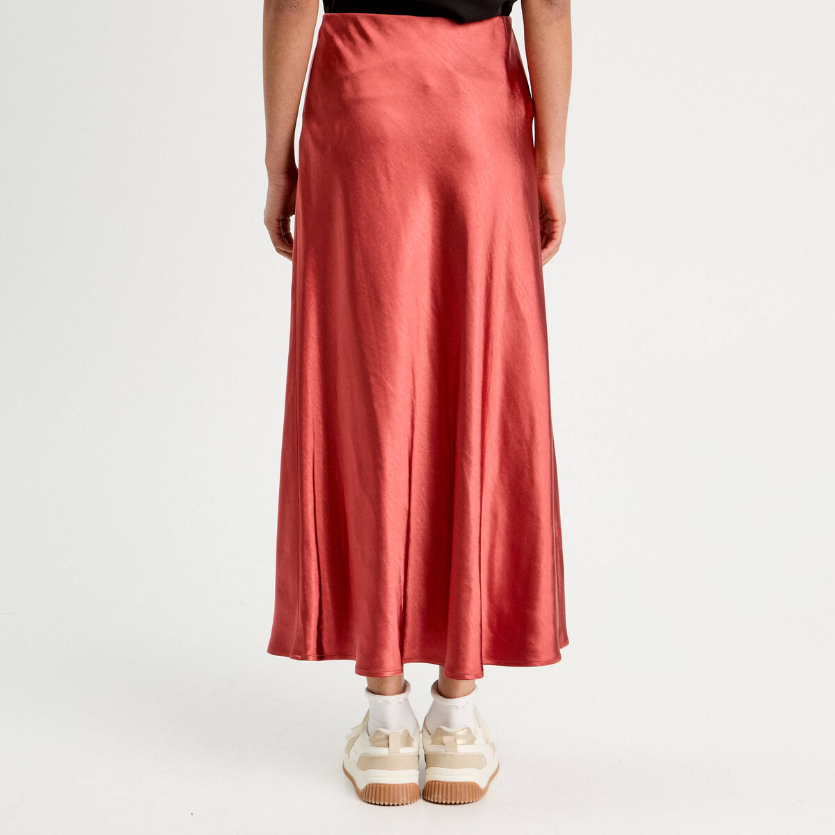 Jupe midi droite effet satin vieux rose femme