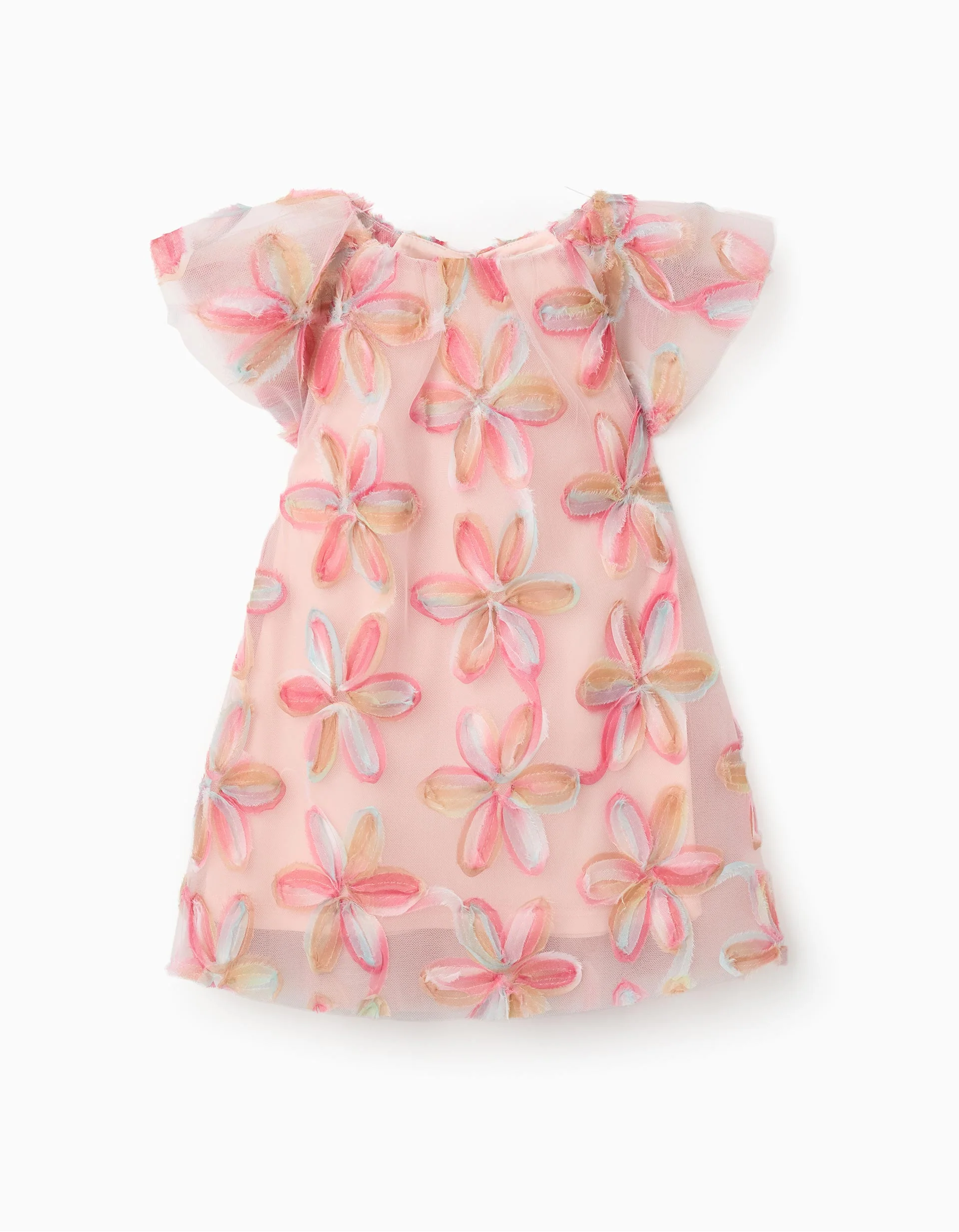 Short sleeve tulle dress with 3D flowers for baby girls, light pink