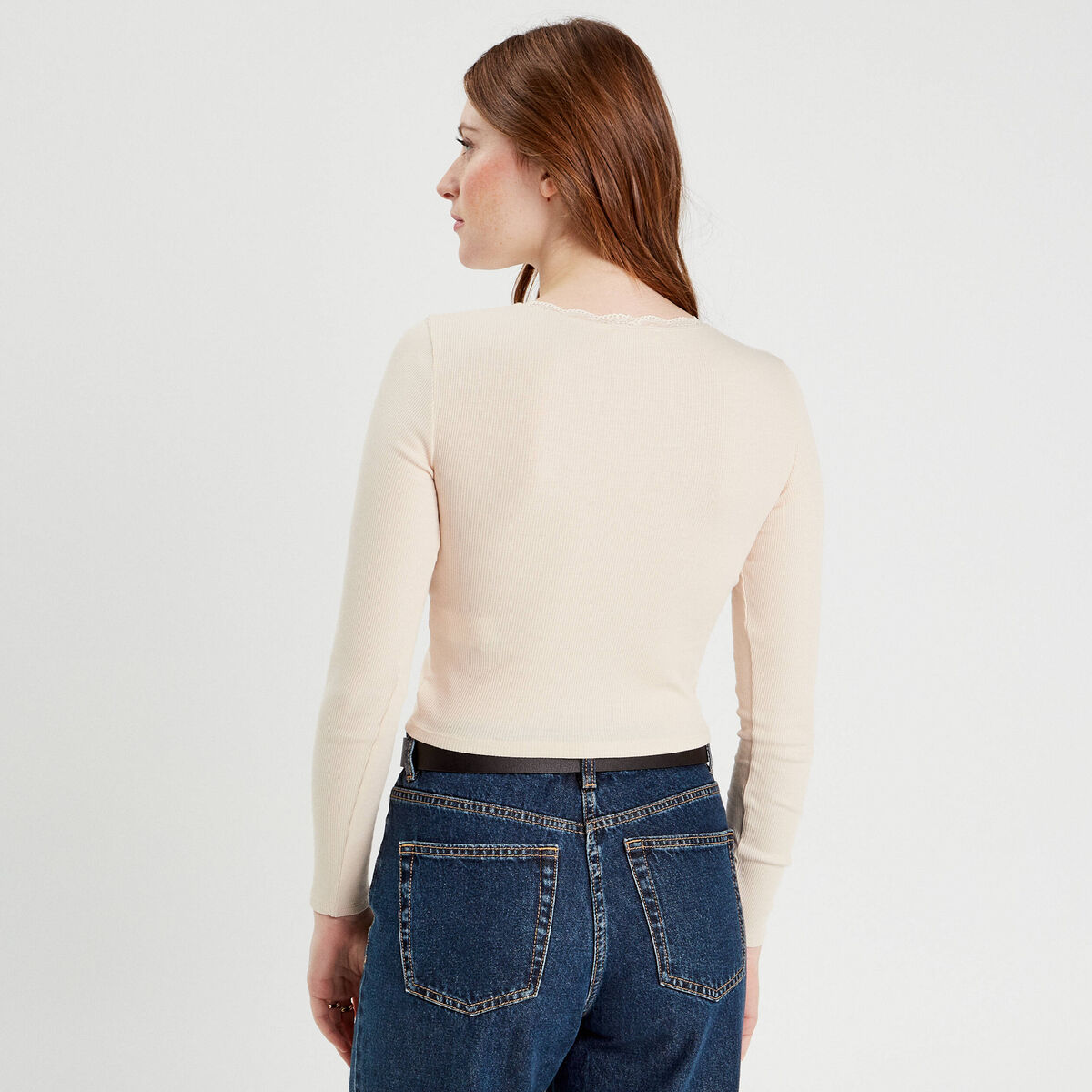 T-shirt cropped côtelé ecru femme