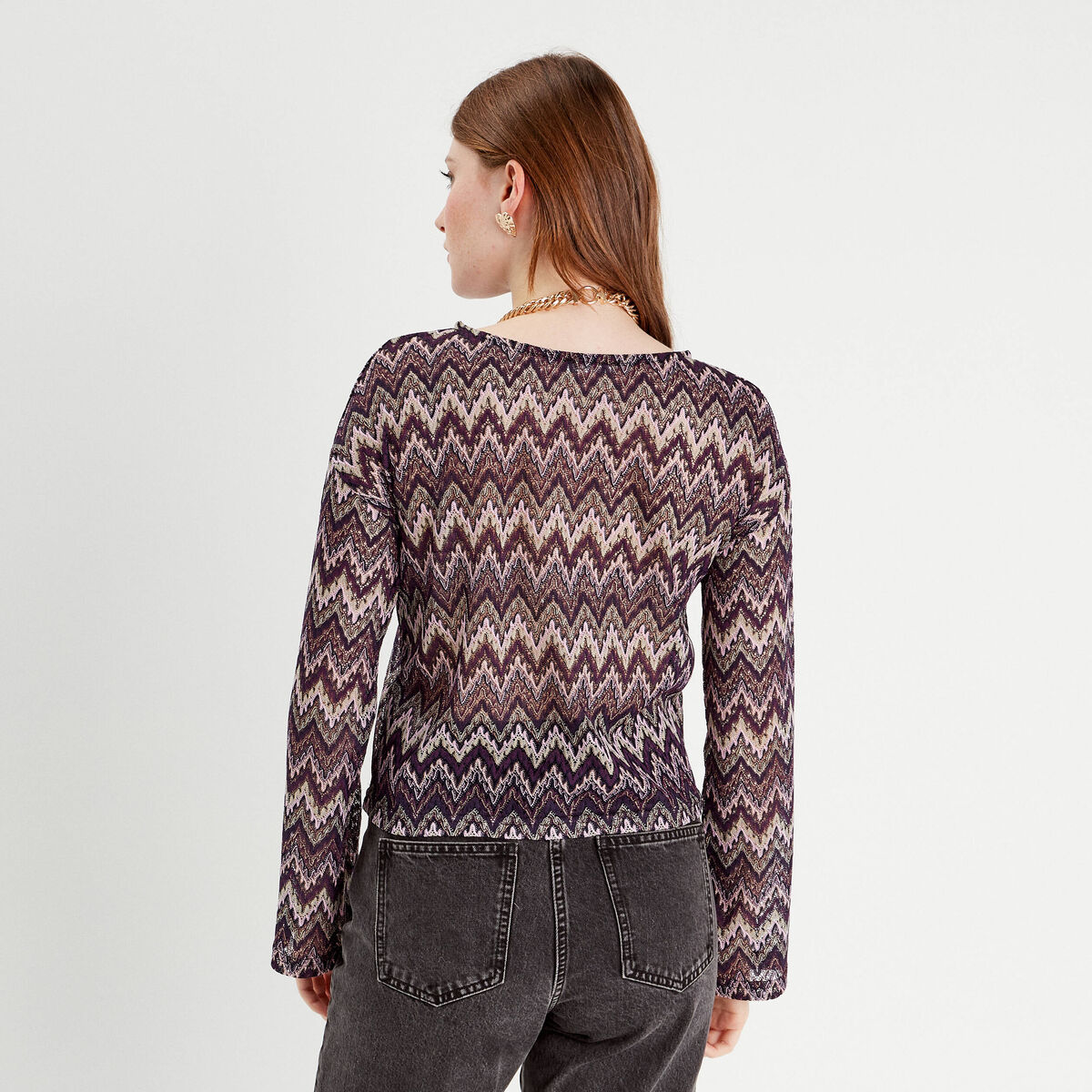 T-shirt manches longues ajouré violet femme