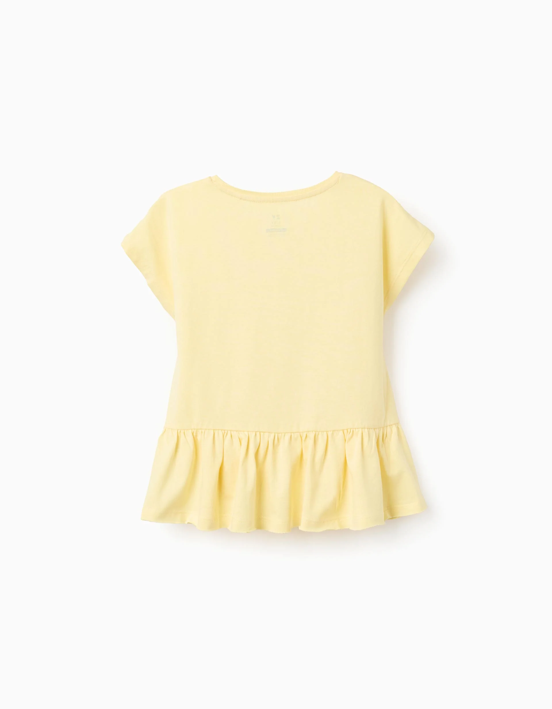 Cotton T-shirt with ruffled hem for girls, yellow