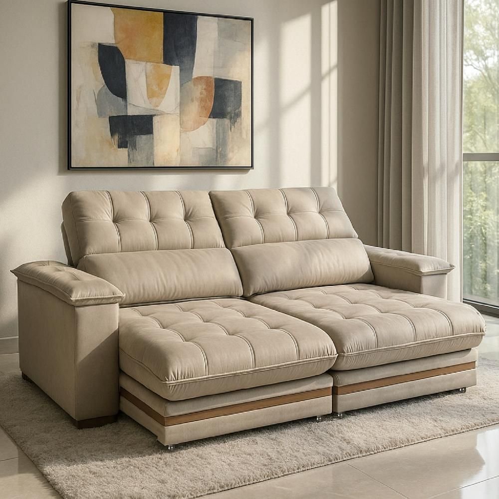 Sofá 5 Lugares 2,90m Retrátil e Reclinável Turim Molas Ensacadas Bom Pastor Veludo Bege