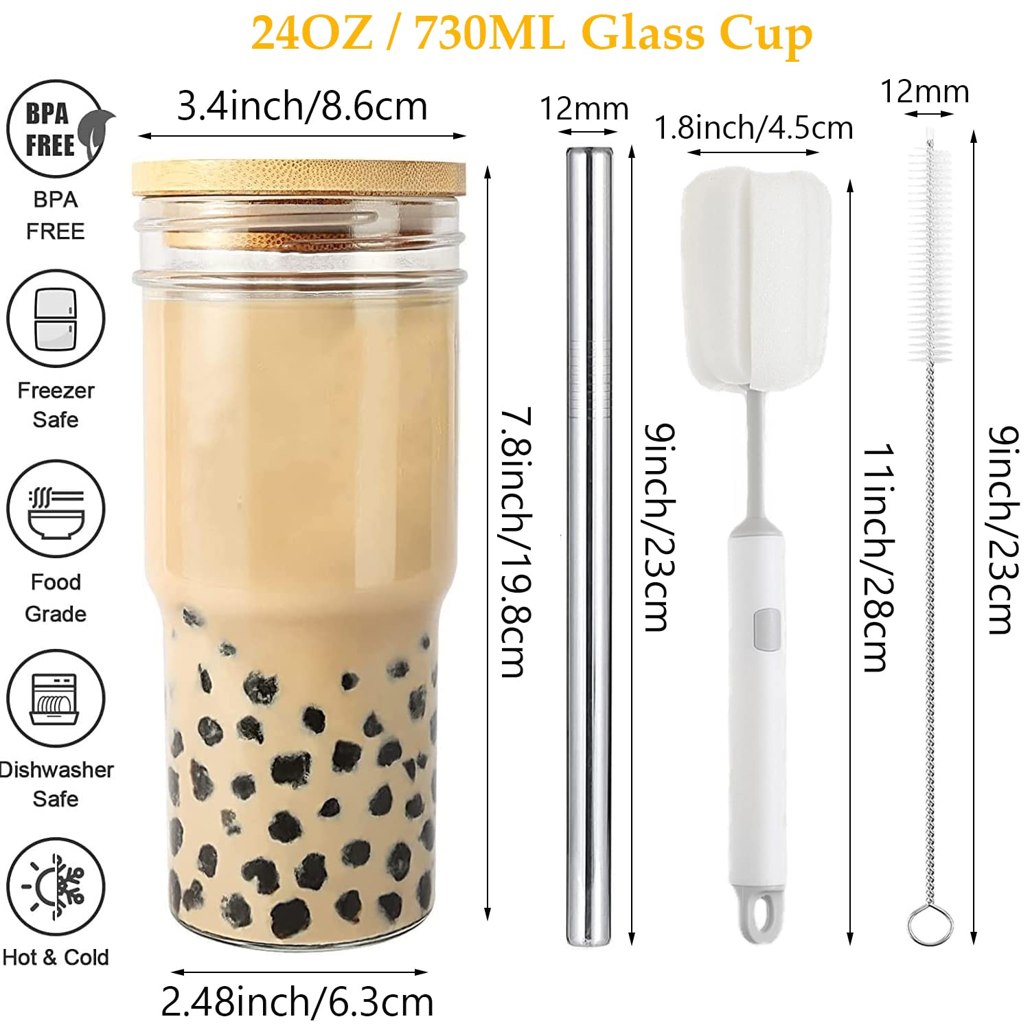 2 Pcs 24 oz Glass Cups With Bamboo Lids and Straws & 2 Airtight Lids  Reusable Smoothie Cup Mason Jar Drinking Glasses Iced Coffee Cups Glass Tumbler for Bubble Tea  Juice  Gift