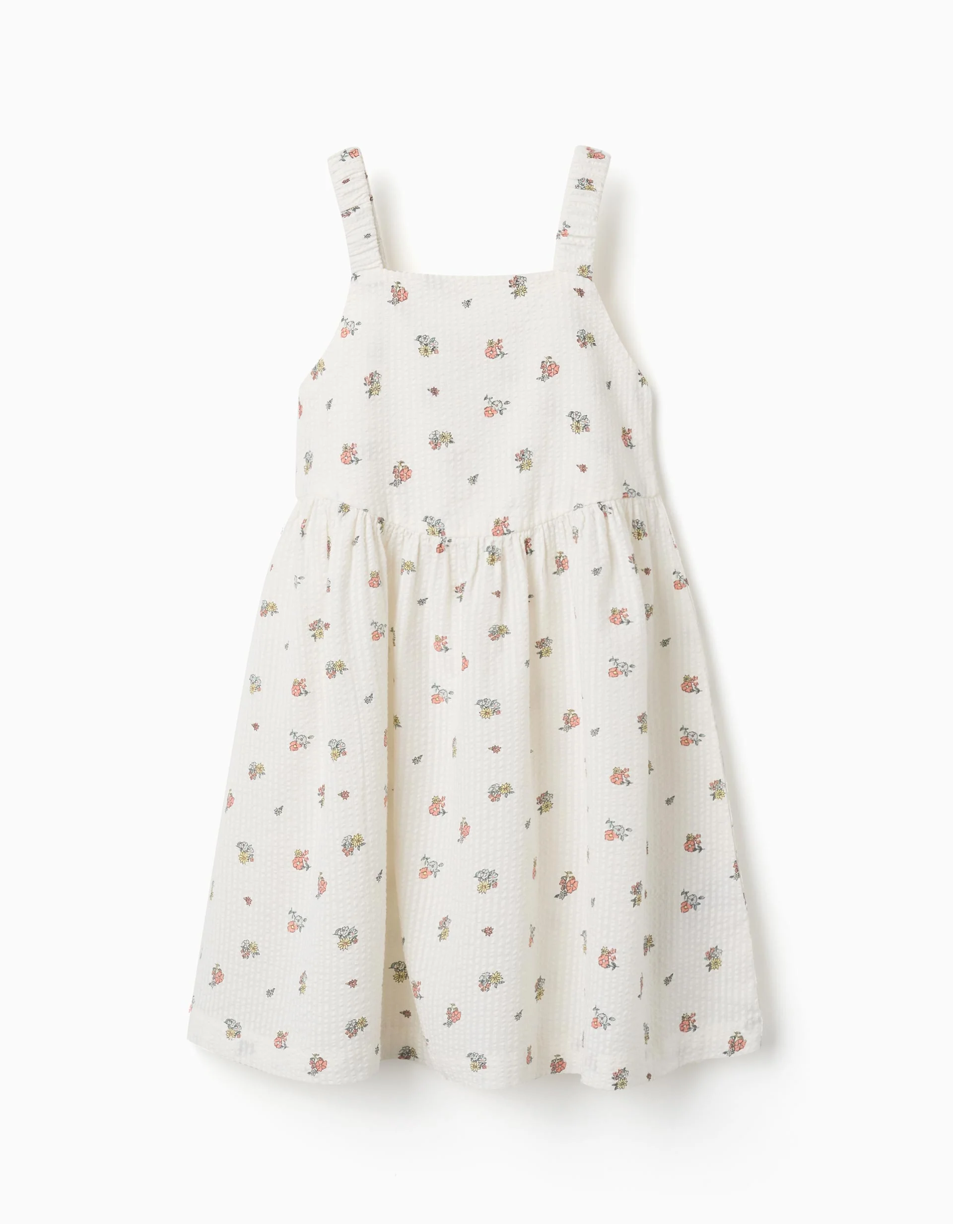 Sleeveless cotton dress with floral motif for girls, white