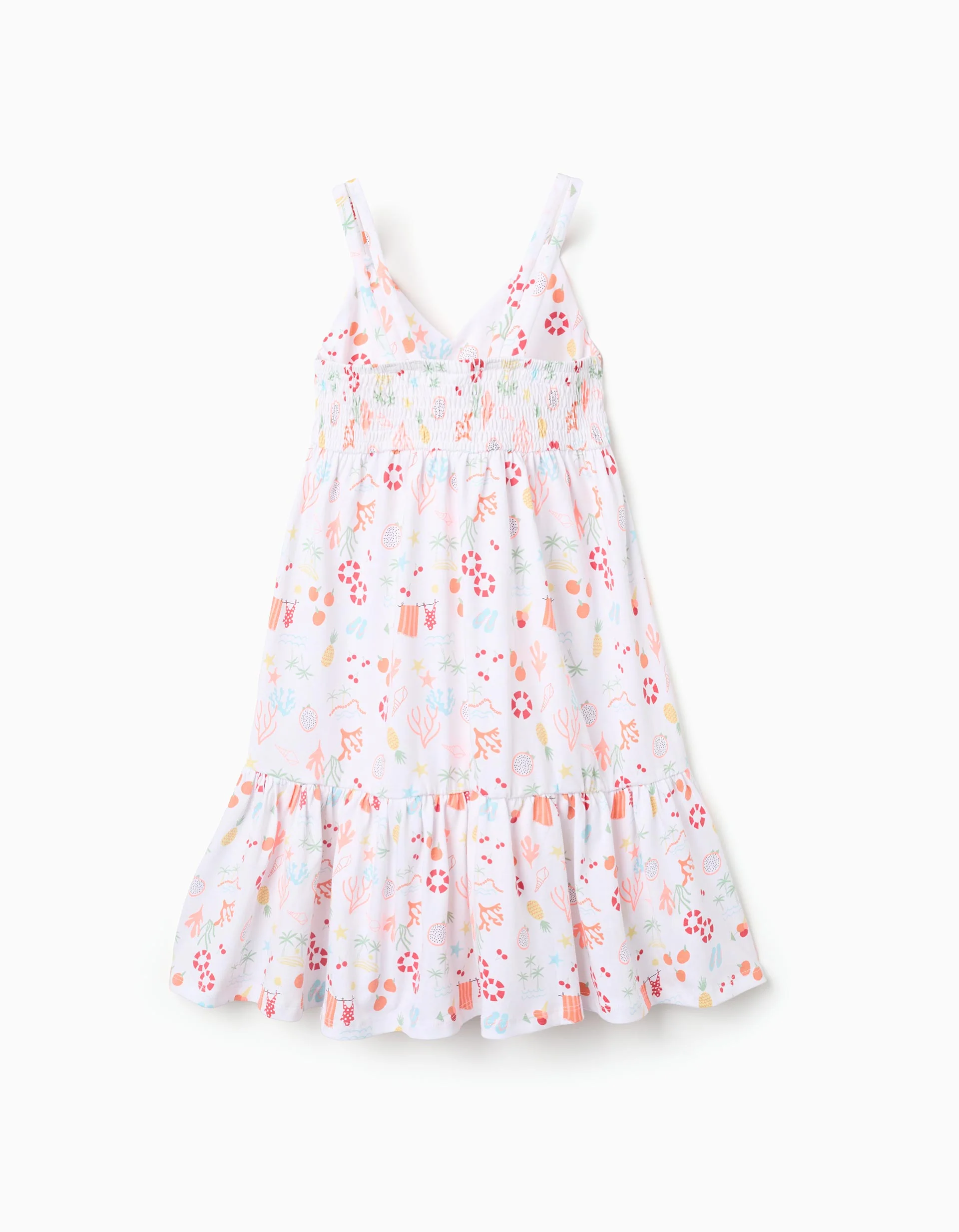 Sleeveless A-line cotton dress with beach motif for girls, white