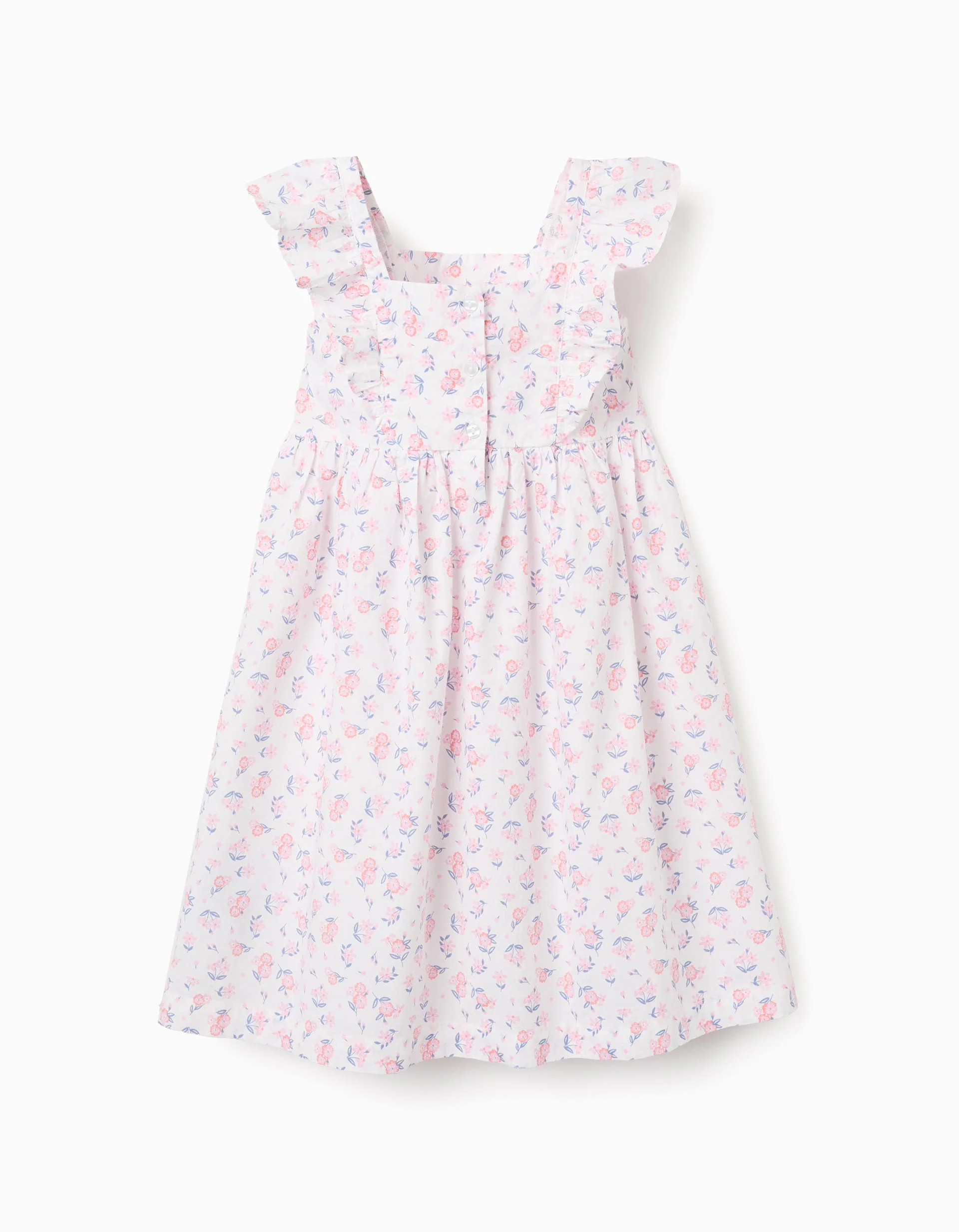 Poplin dress with floral motif and ruffles for girls, white