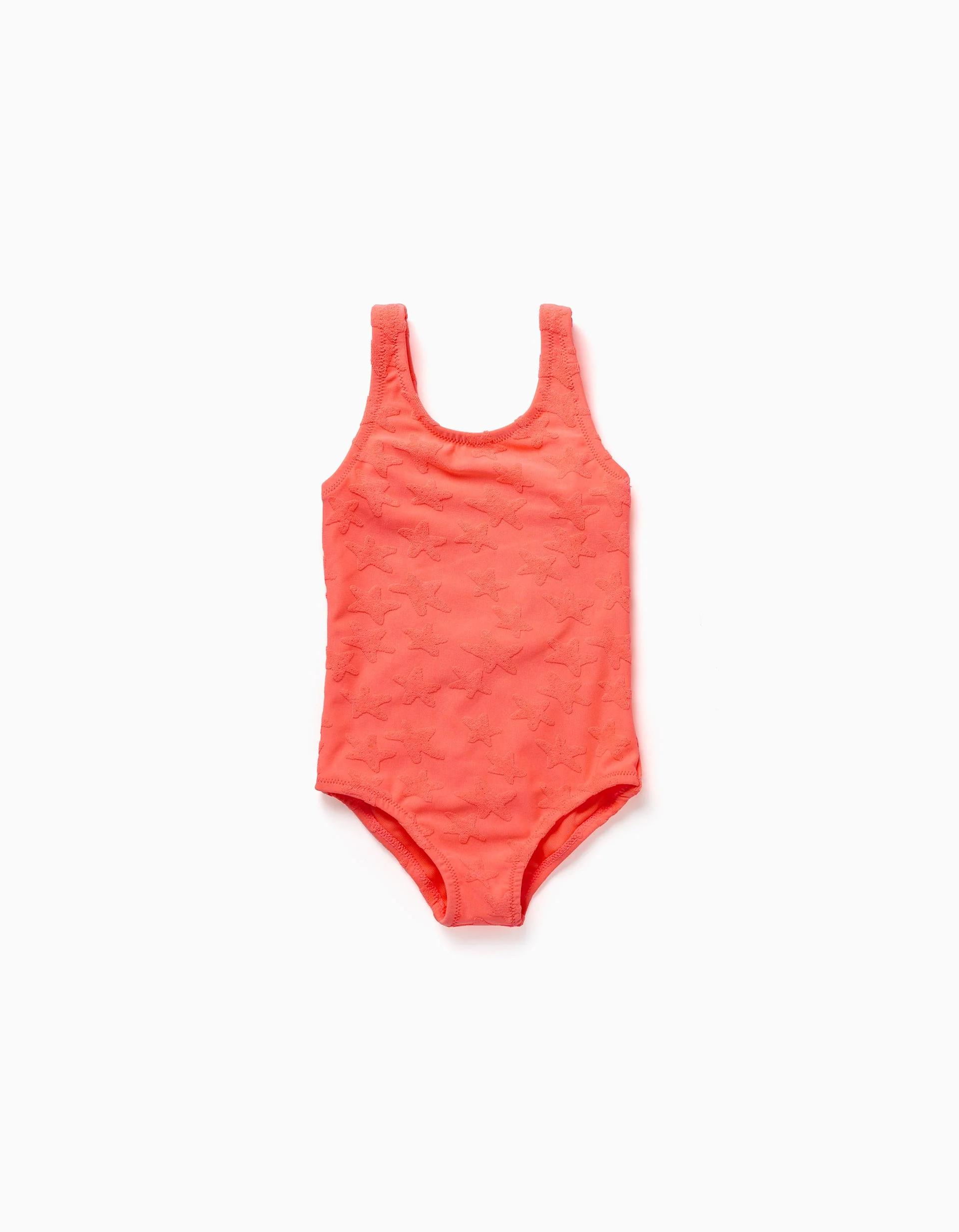 Swimsuit with star motif in bouclé for baby girls, neon coral
