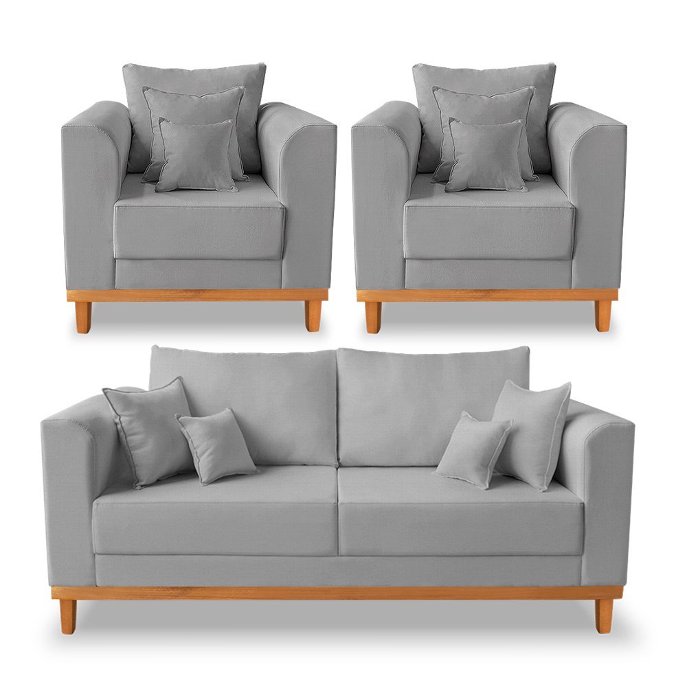 Kit Sofá 3 Lugares e 2 Poltronas Beny Viena com Almofadas Decorativa Linho Cinza - Madeira Prima Dec