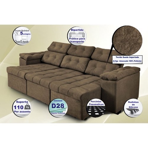 Sofa Itália 2,80 Mts Retrátil e Reclinavel Tecido Suede Café