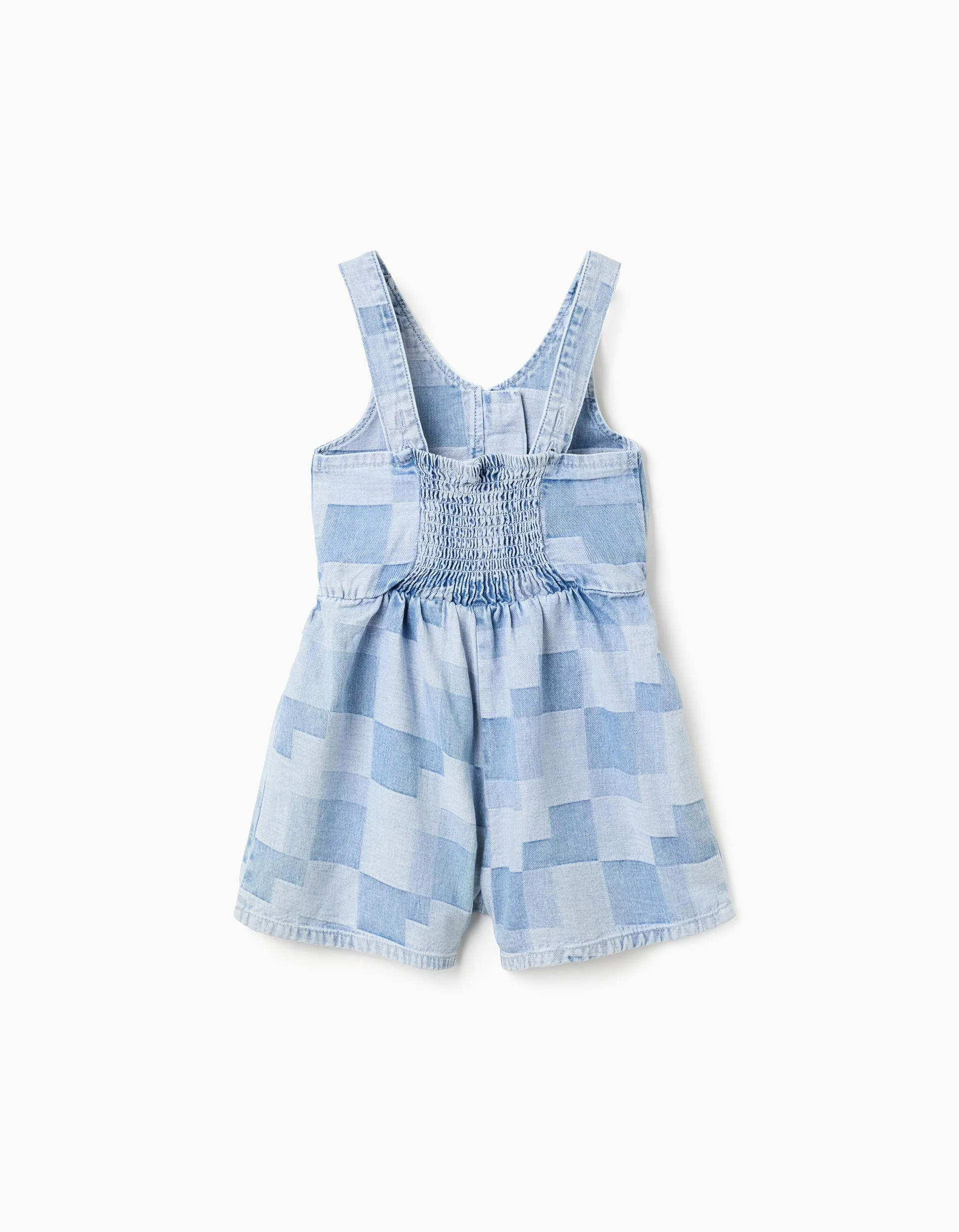 Denim playsuit with checkered pattern and ruffles for girls, blue