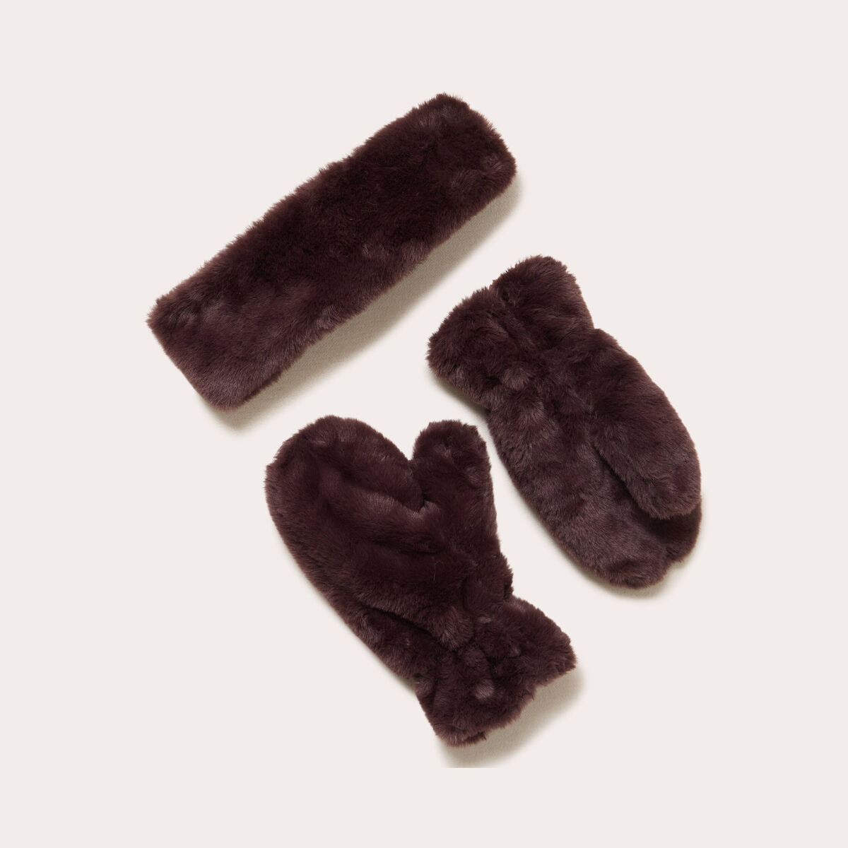 Set bandeau et gants fausse fourrure marron foncé femme