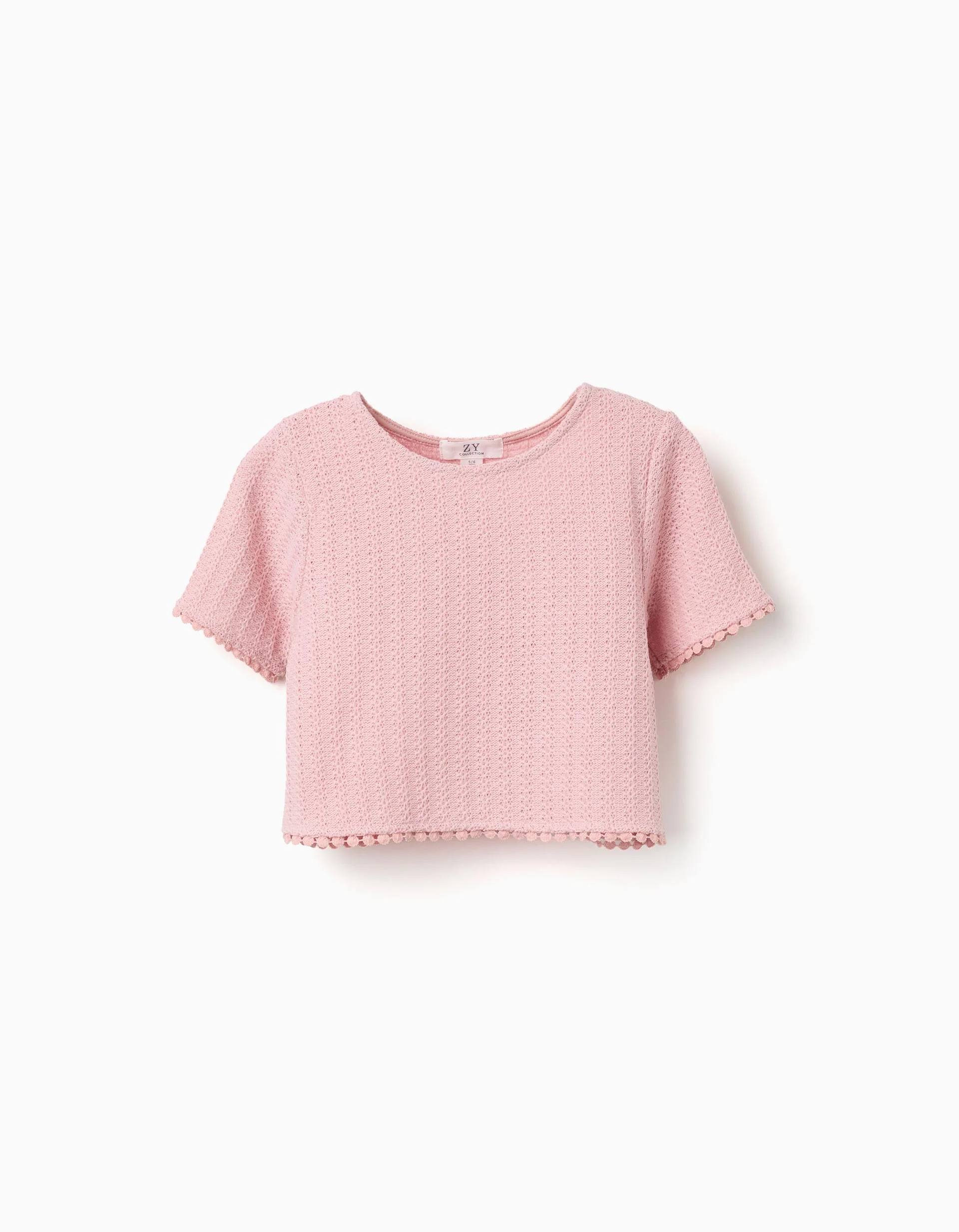 Knitted T-shirt with crochet lace trim for girls, pink
