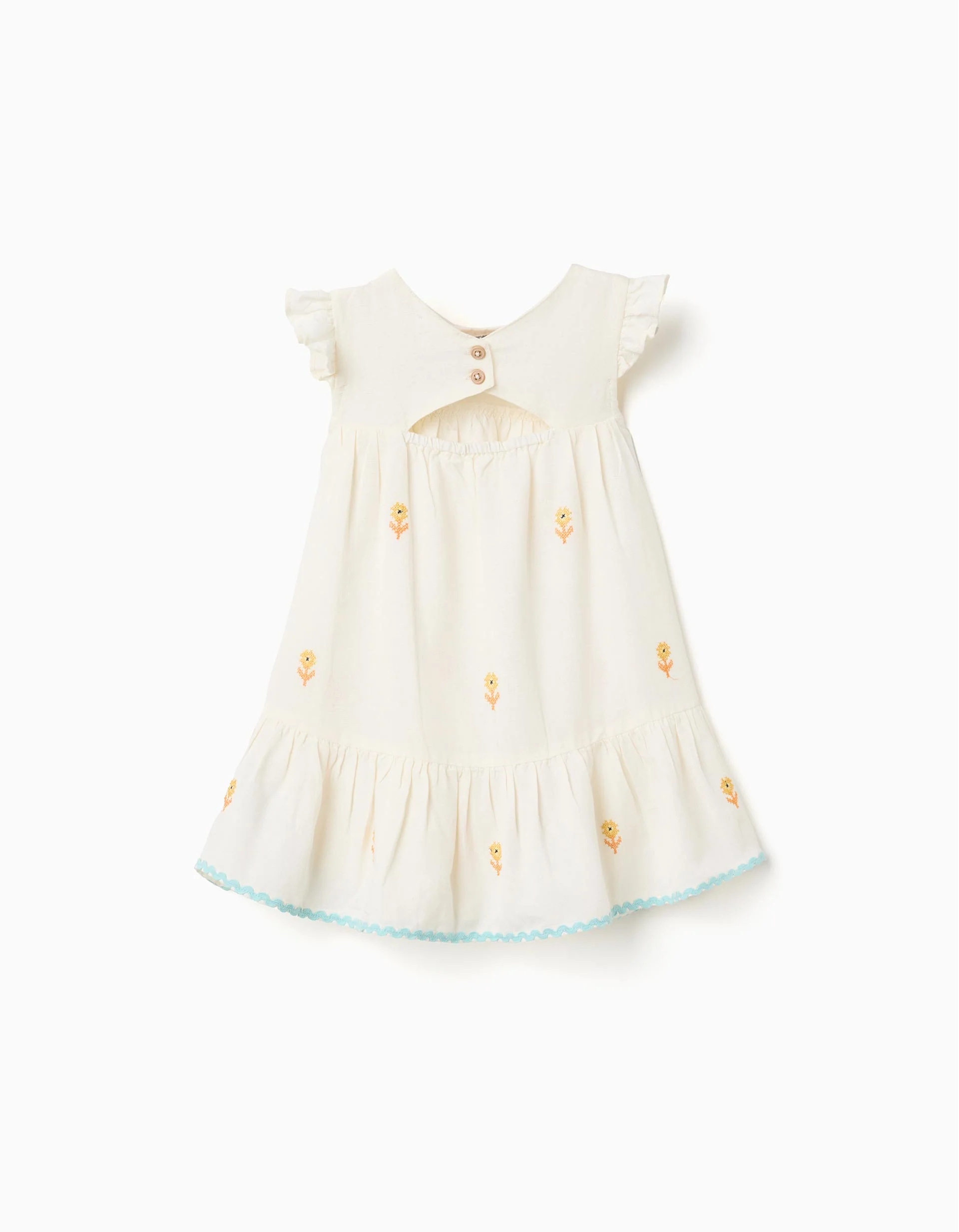 Cotton and linen dress with flowers for baby girls, light beige