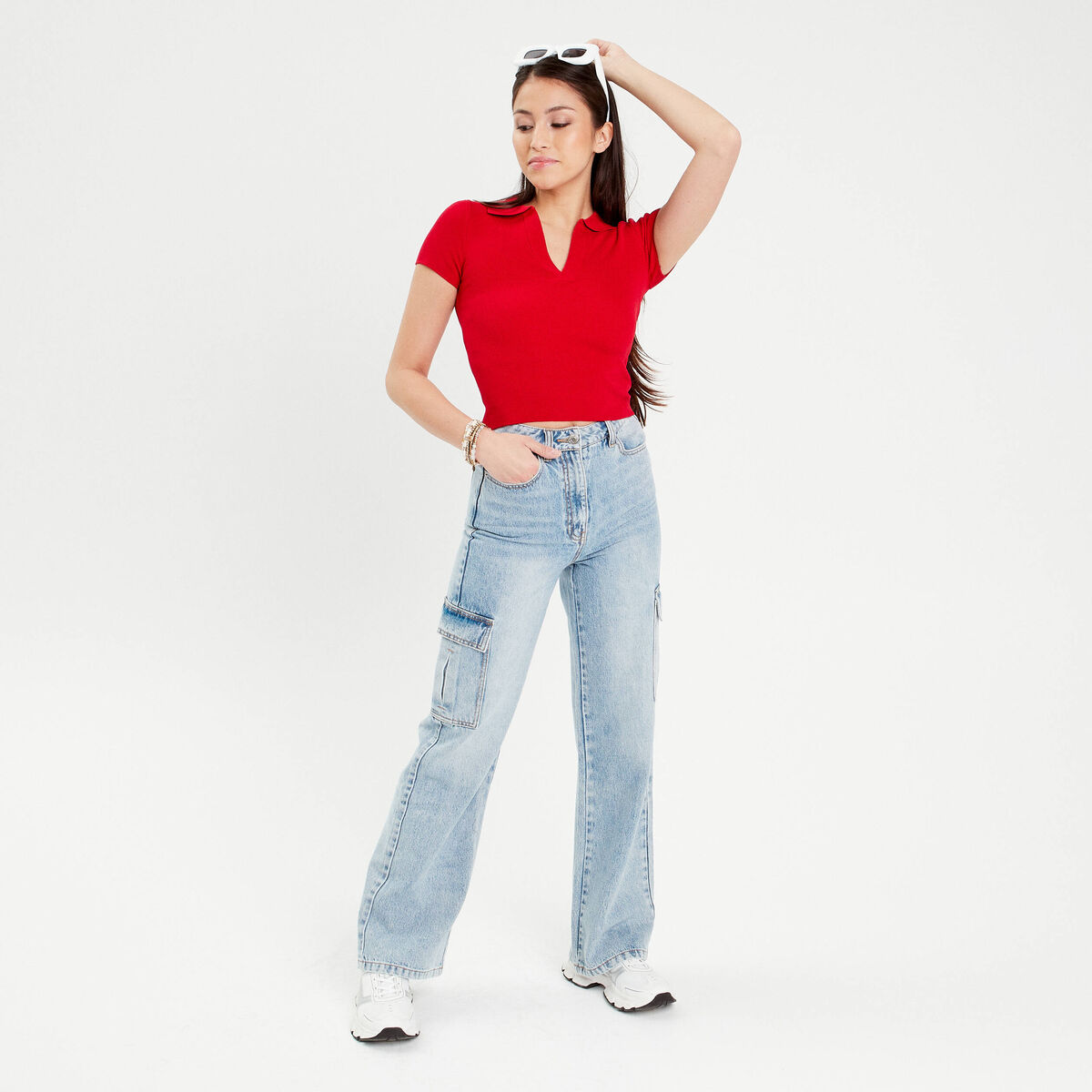 T-shirt manches courtes col polo rouge femme