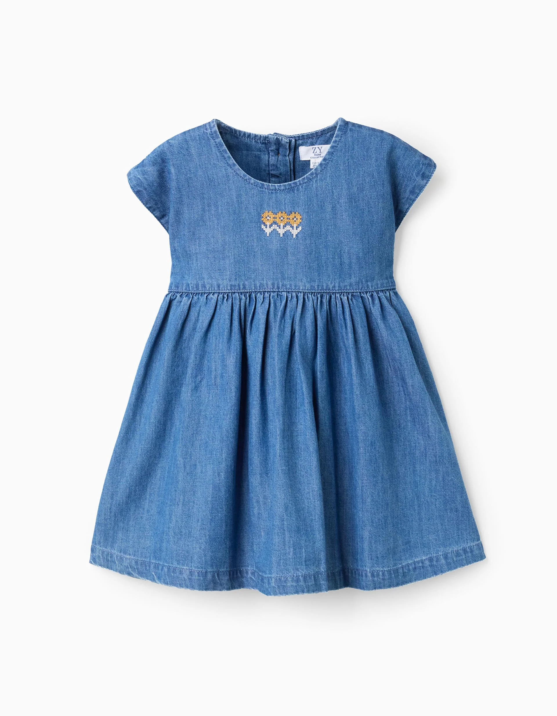 Short sleeve denim dress with embroidered flowers for baby girls, blue